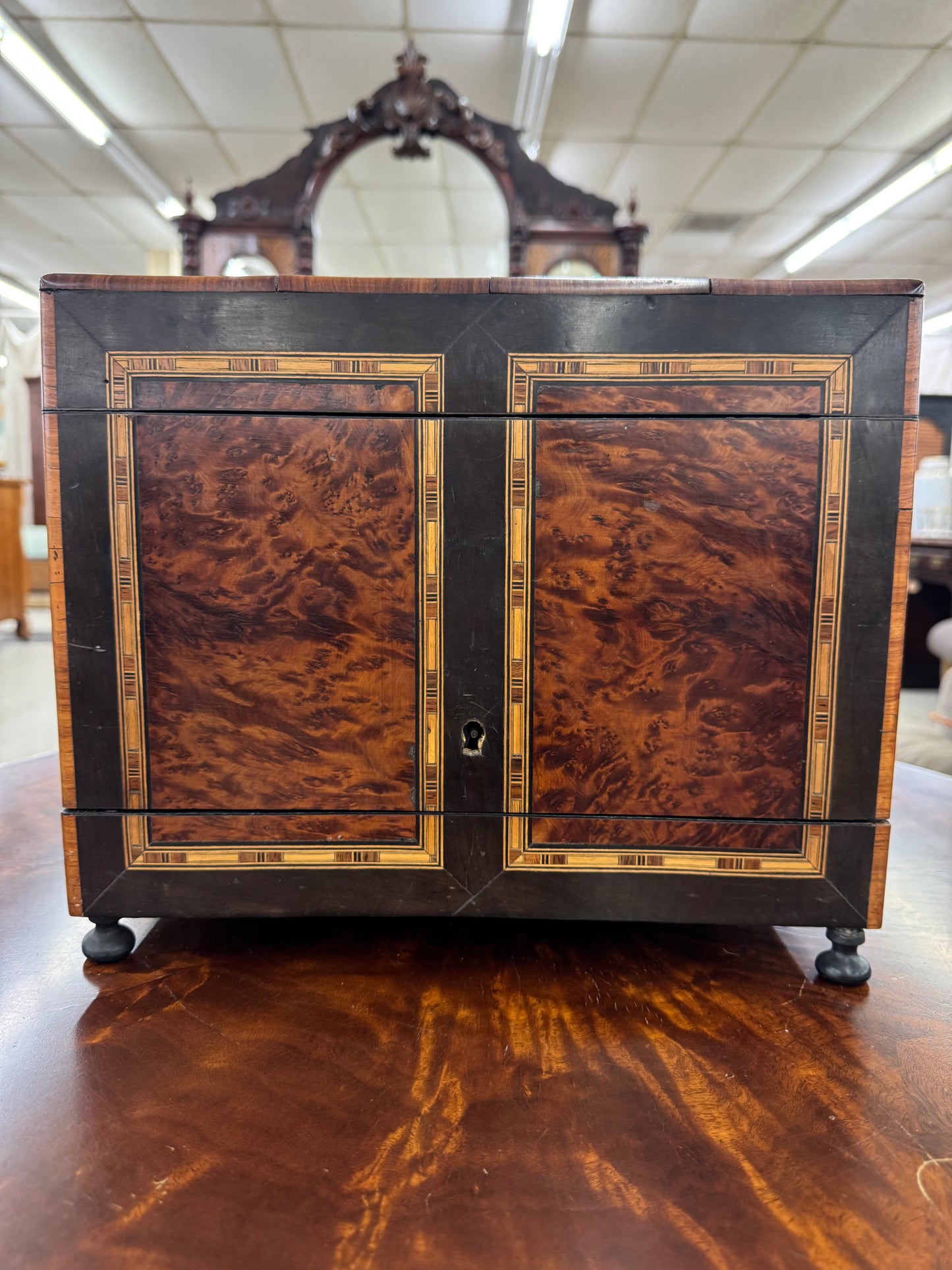 Antique Victorian Burl Walnut Tantalus Decanter Box with Cut Crystal Decanters & Glasses