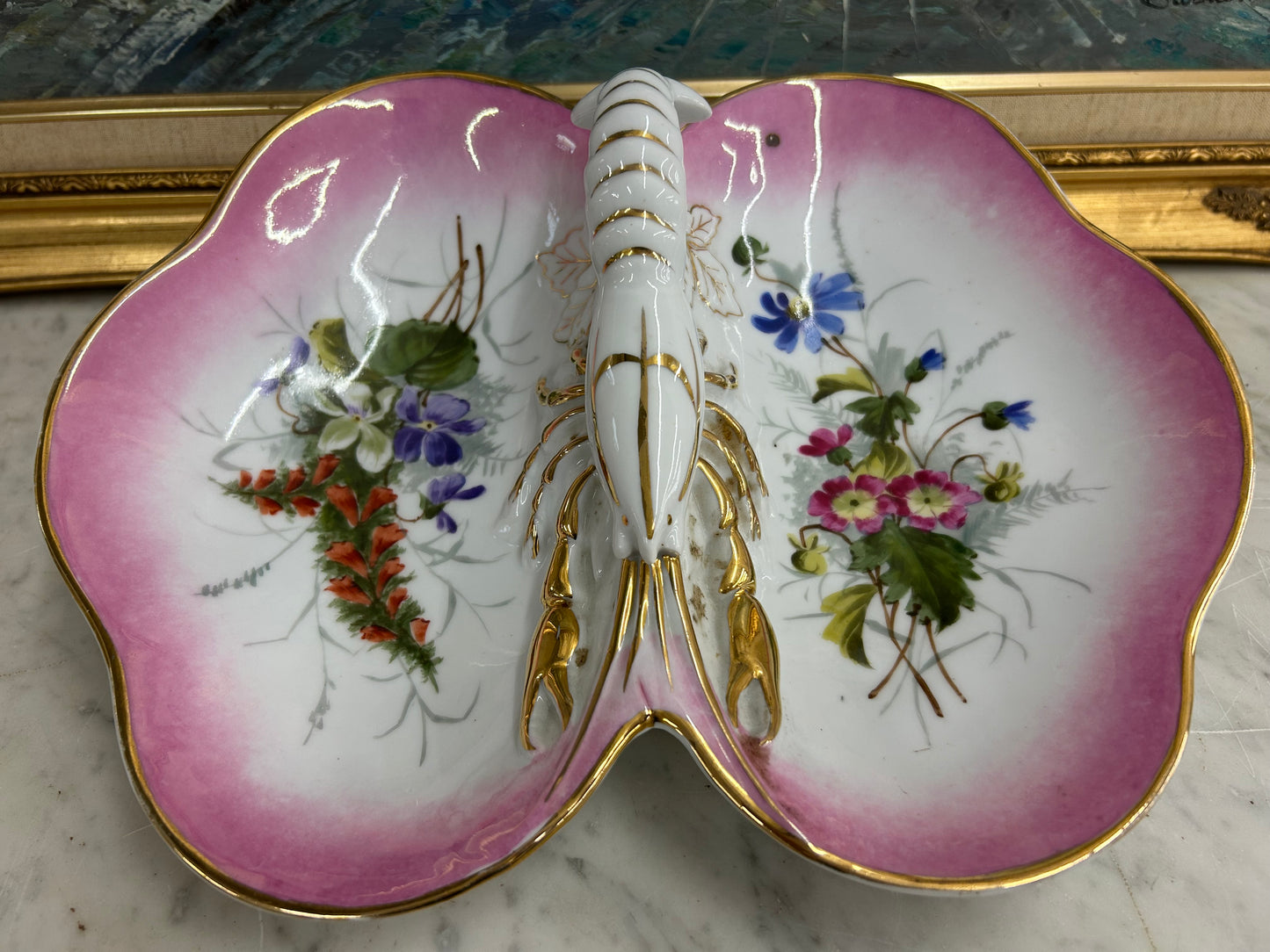 Beautiful antique German porcelain lobster divided serving dish