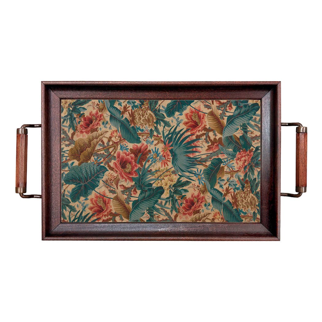 Tropical Floral Wood and Glass Tray, Vintage Style