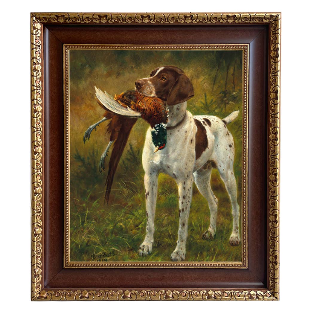 English Pointer with Pheasant Painted Vintage Canvas Print