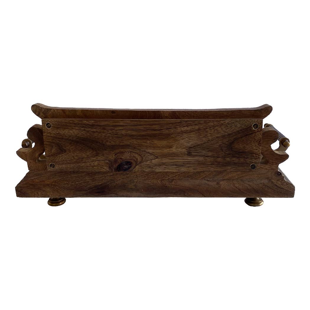 Wood And Brass Desk Stand With Glass Inkwell
