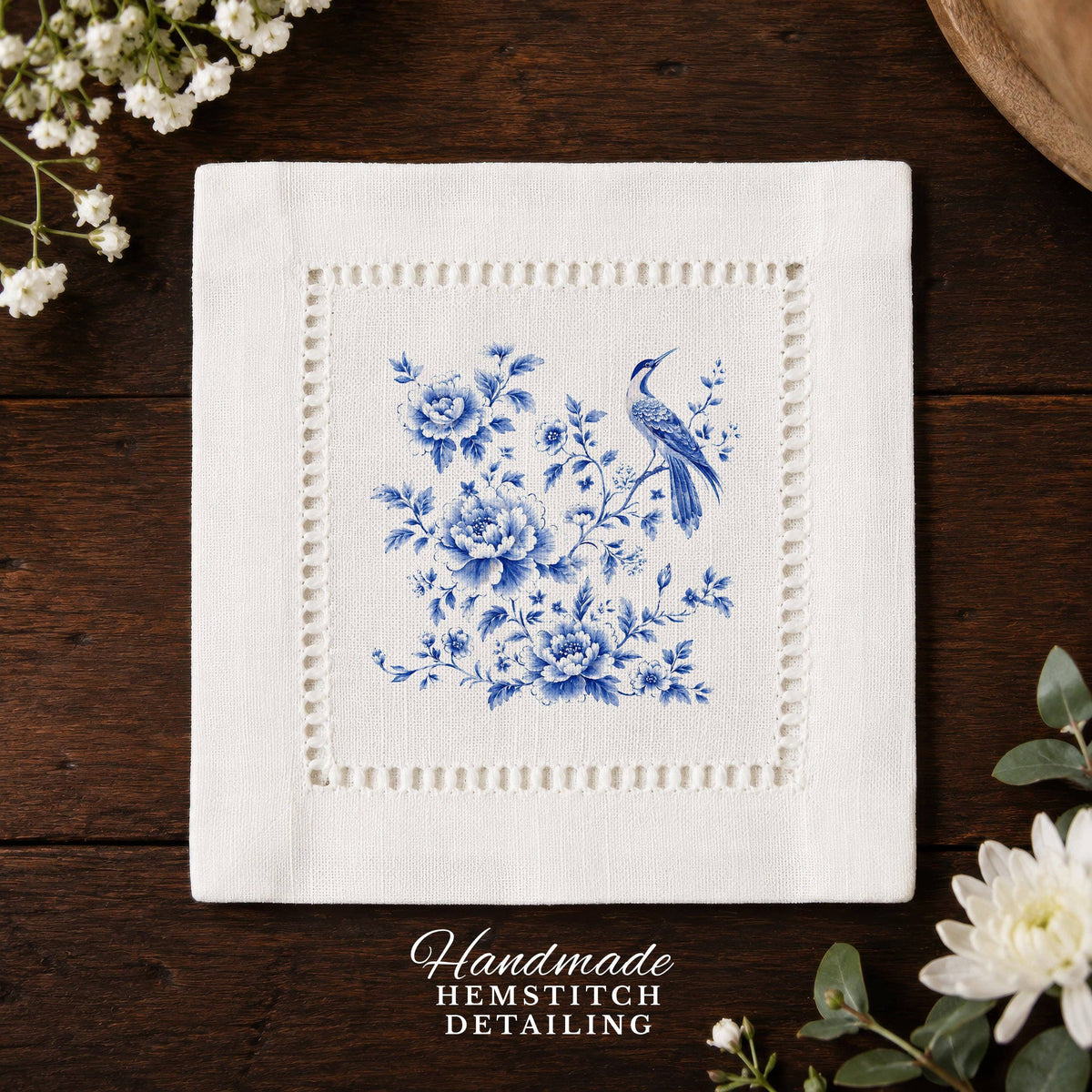 Chinoiserie Floral Bird Hemstitch Napkins