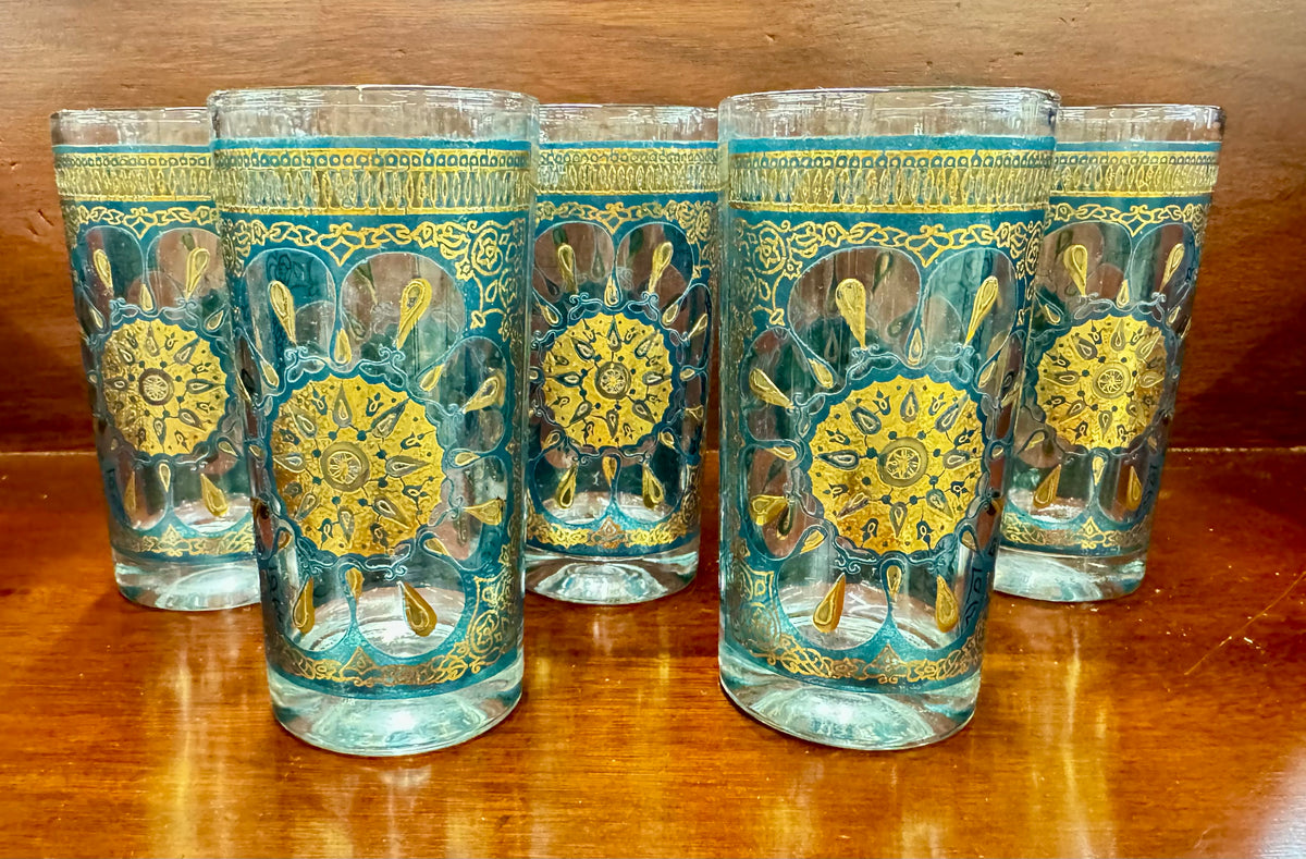 Vintage Teal & Gold Highball Glasses Set of 5
