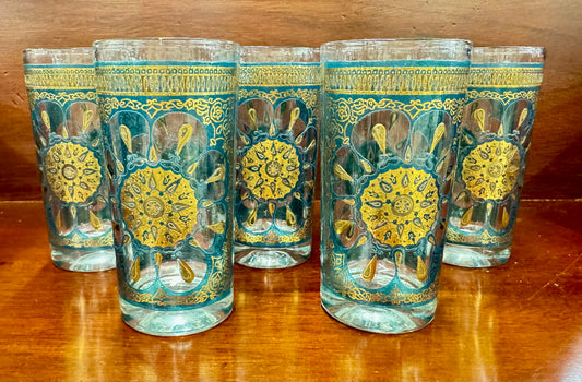 Vintage Teal & Gold Highball Glasses Set of 5