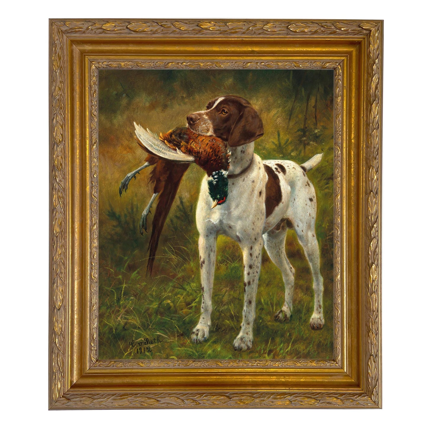English Pointer with Pheasant Painted Vintage Canvas Print