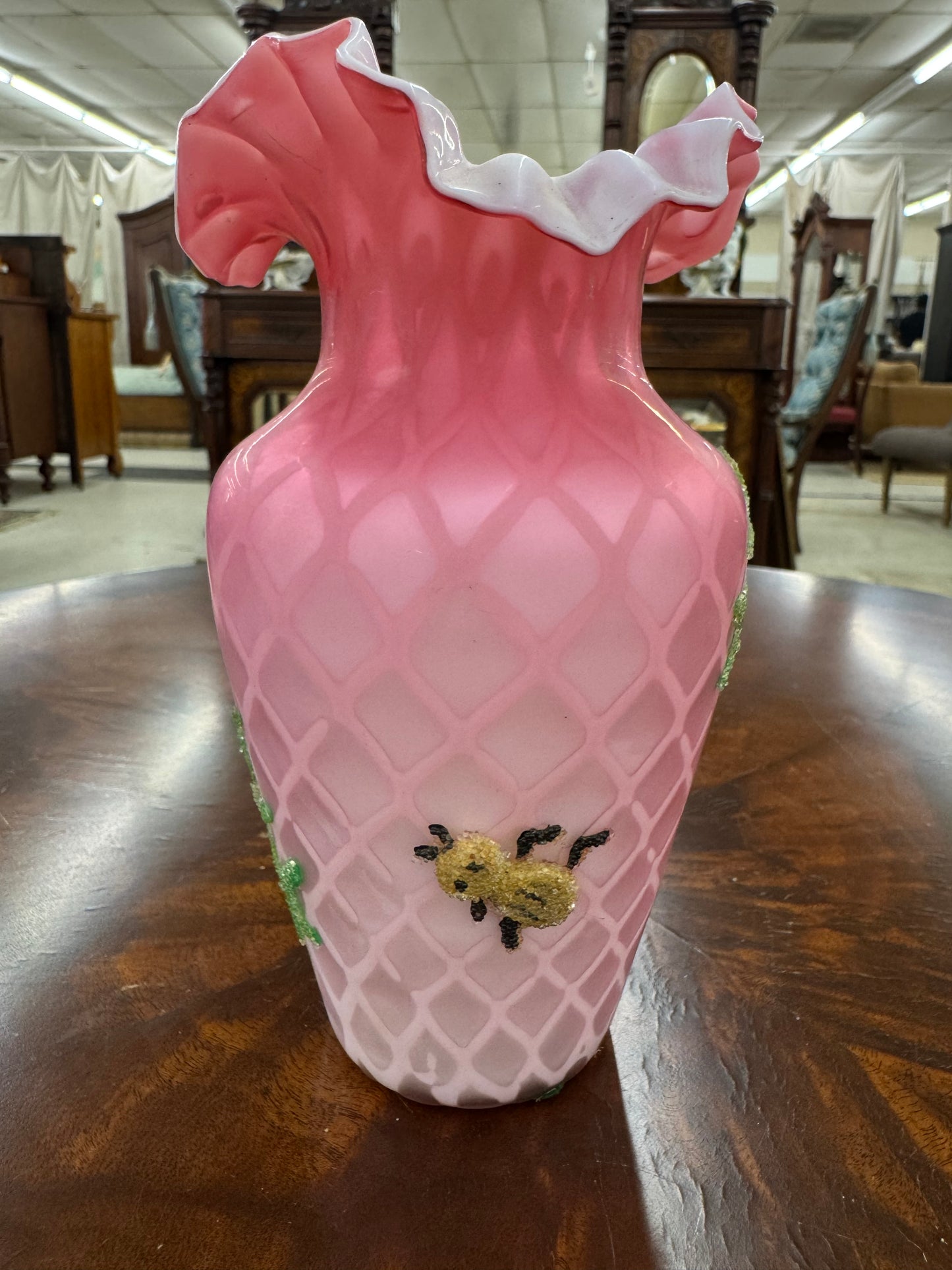 Victorian Pink Satin Glass Beaded Enamel Vase