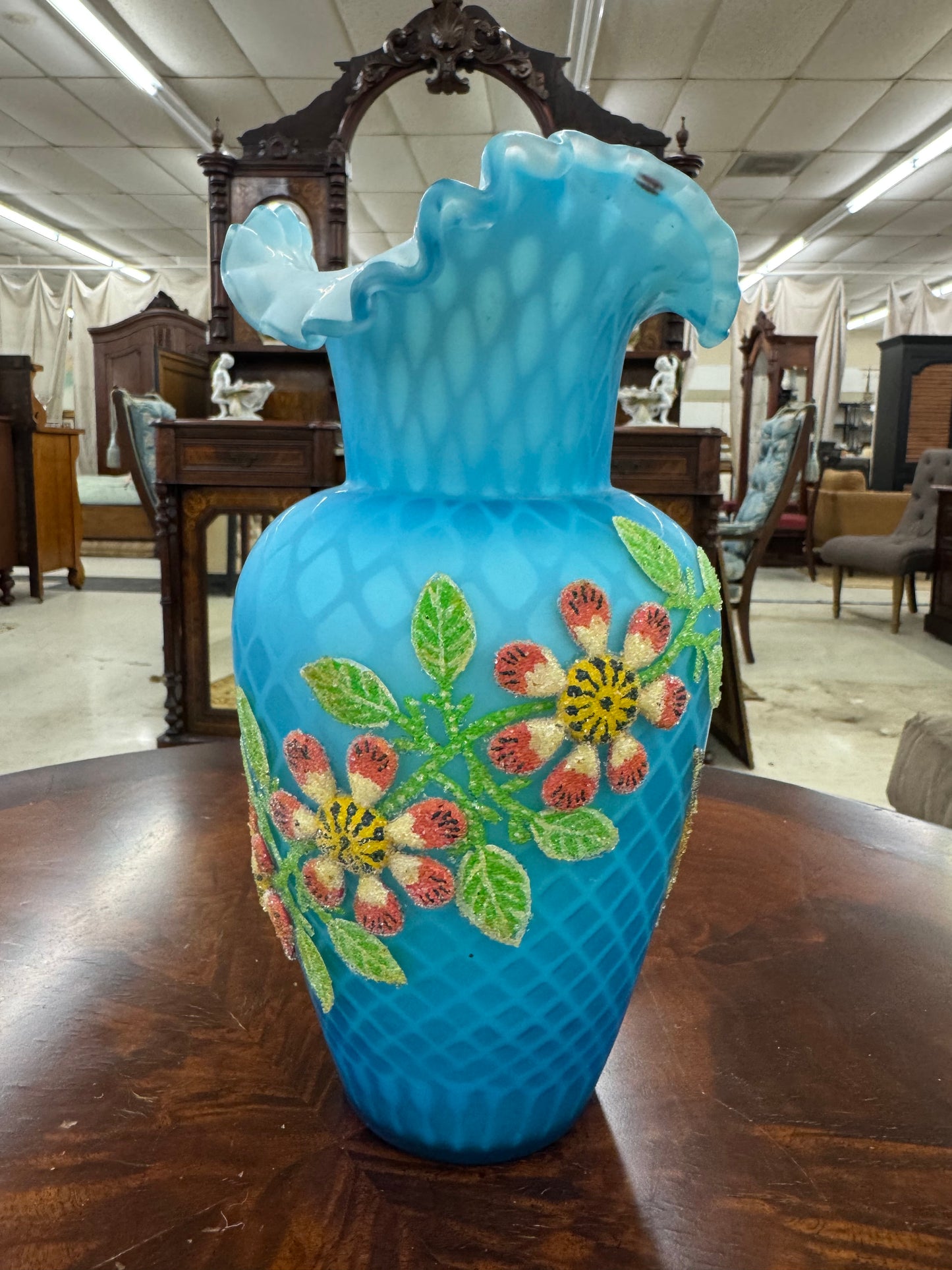 Victorian Blue Satin Glass Beaded Enamel Vase