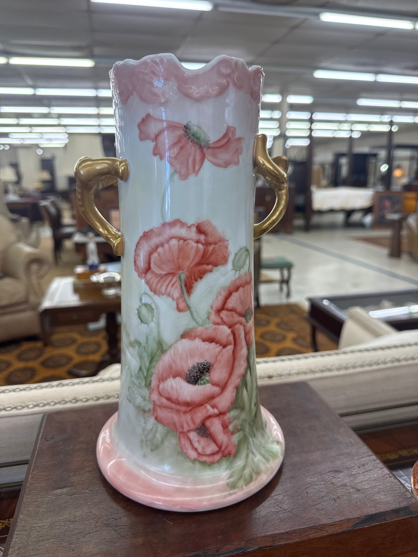 Antique-Style Hand-Painted Porcelain Poppy Vase with Gilt Handles