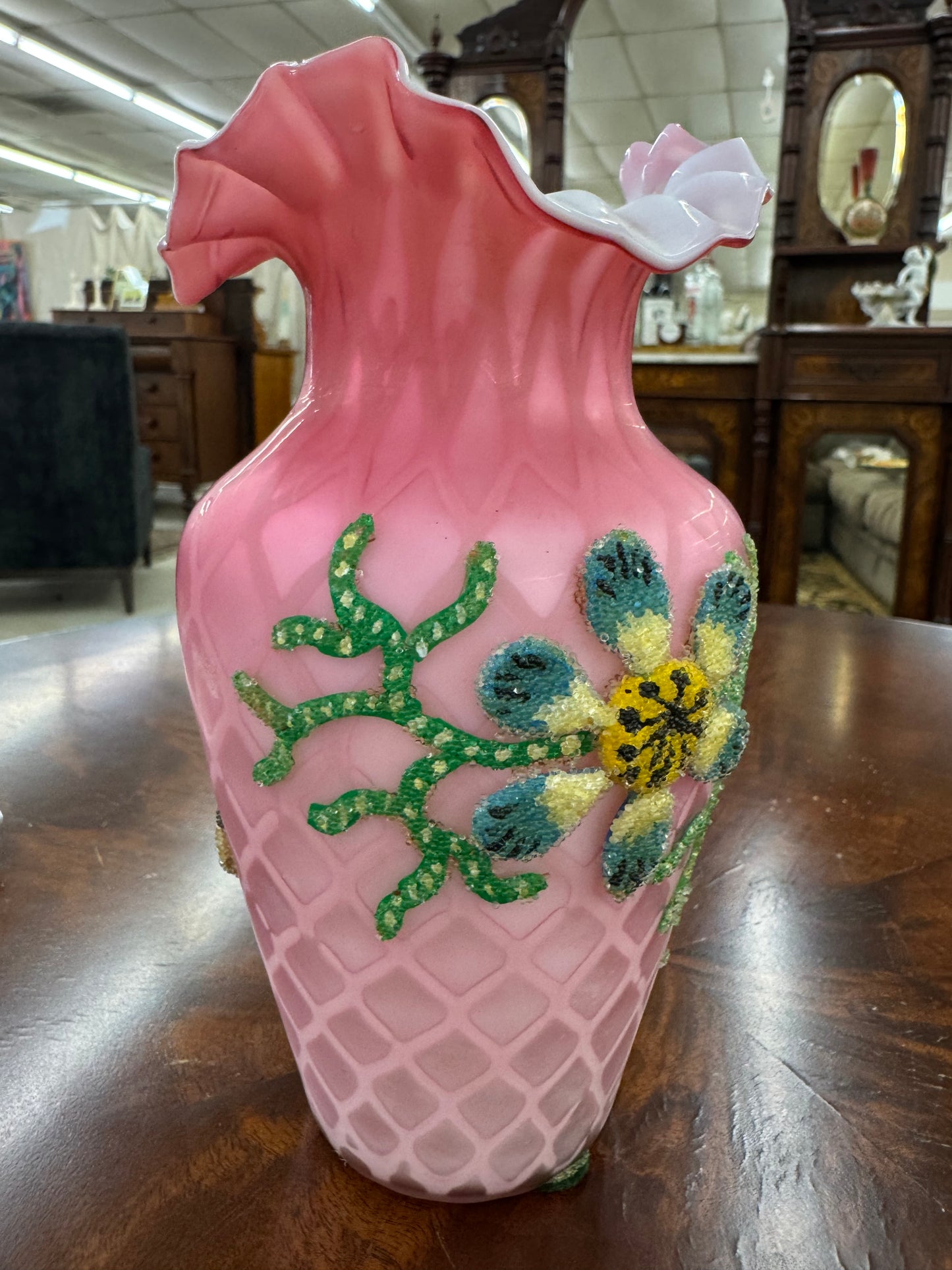 Victorian Pink Satin Glass Beaded Enamel Vase