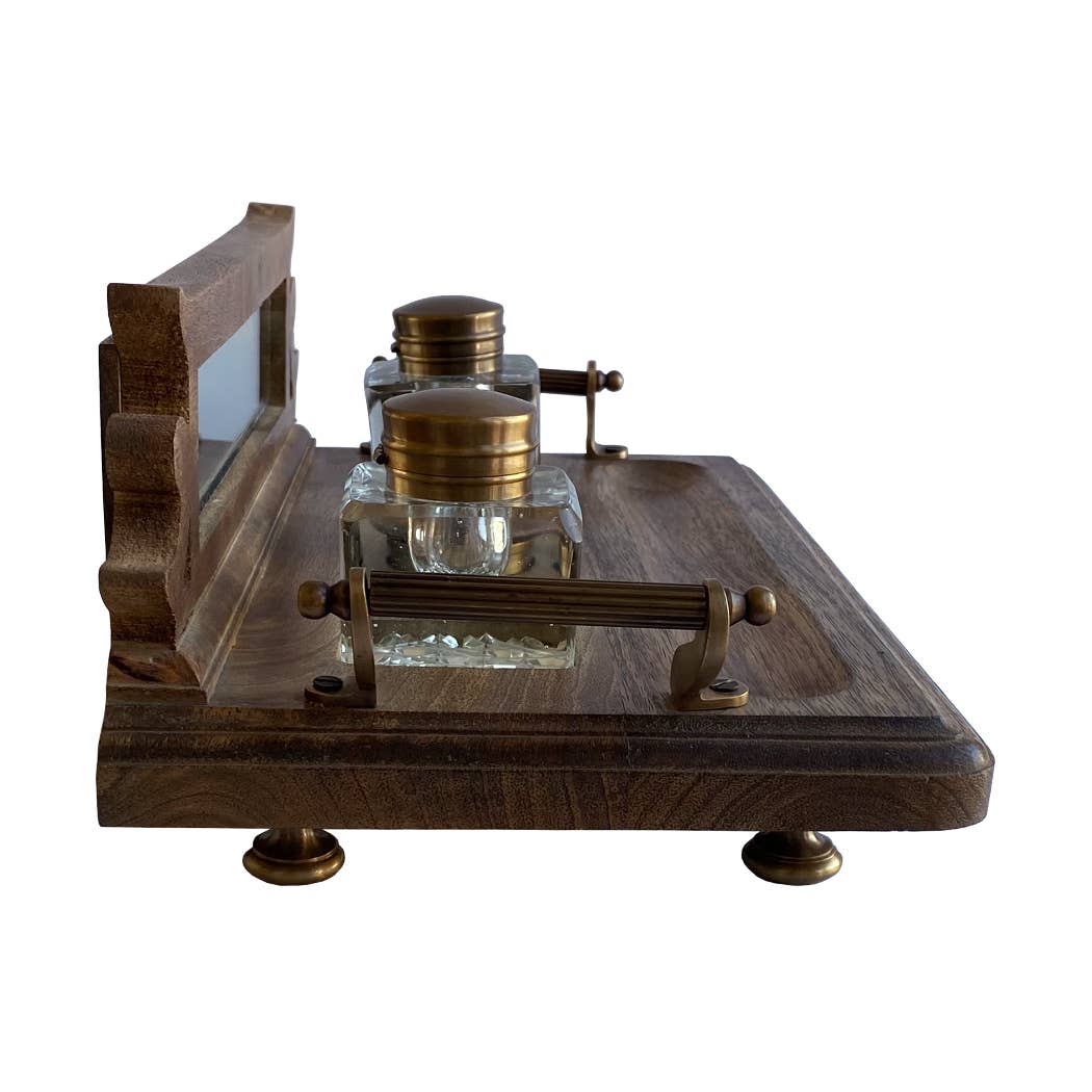 Wood And Brass Desk Stand With Glass Inkwell