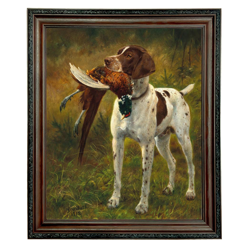 English Pointer with Pheasant Painted Vintage Canvas Print