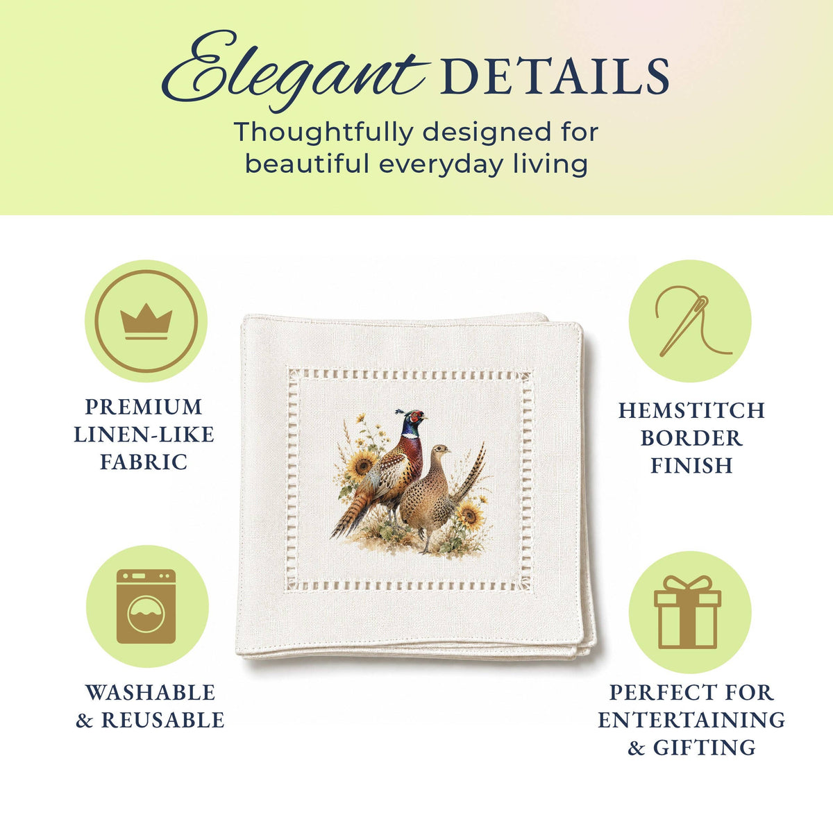Harvest Table Pheasants Hemstitch Napkins