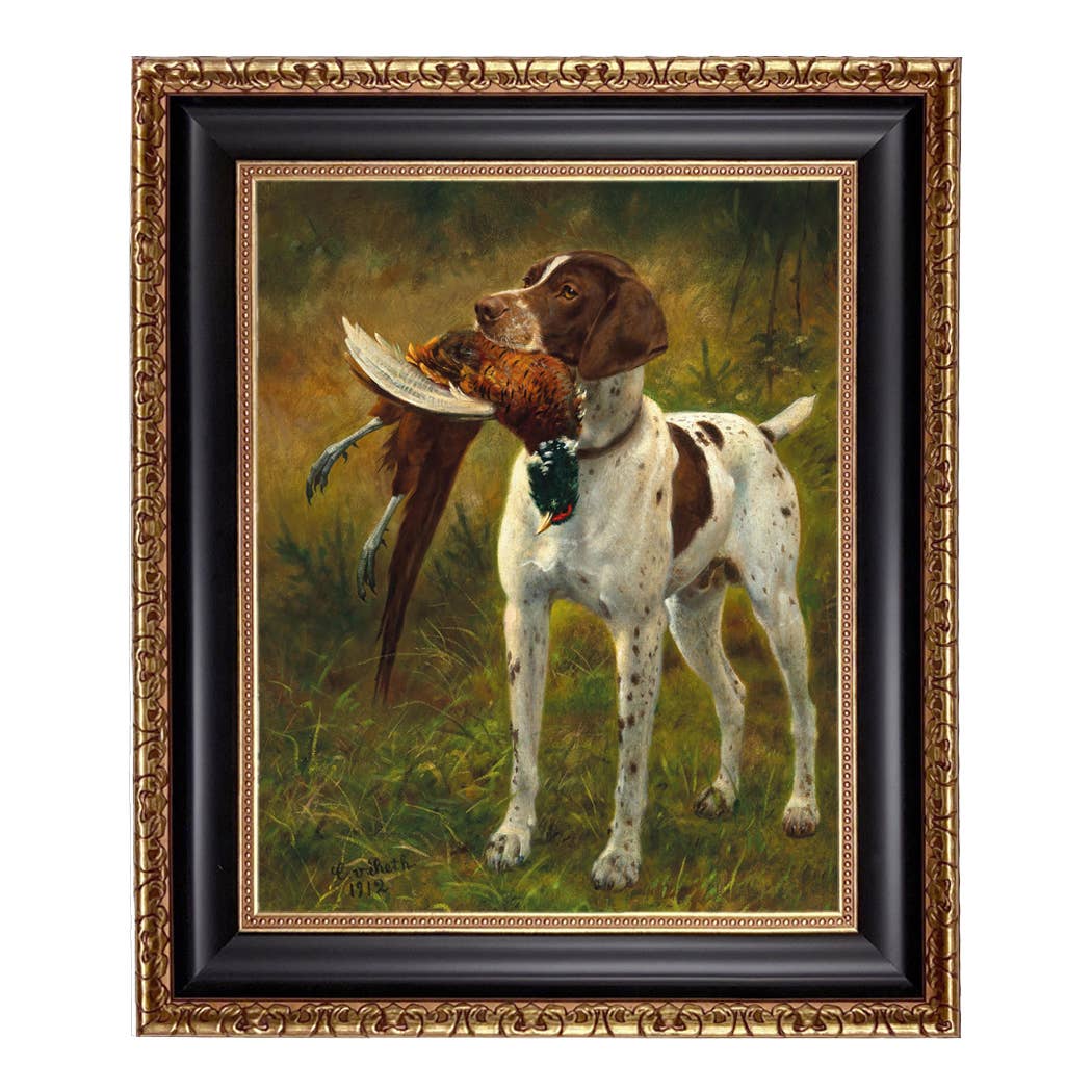 English Pointer with Pheasant Painted Vintage Canvas Print