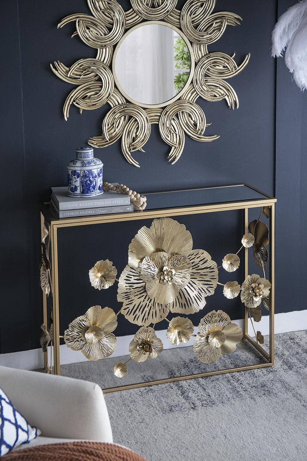 39.5x12x30.5" Gold Console Table with Mirrored Glass Top