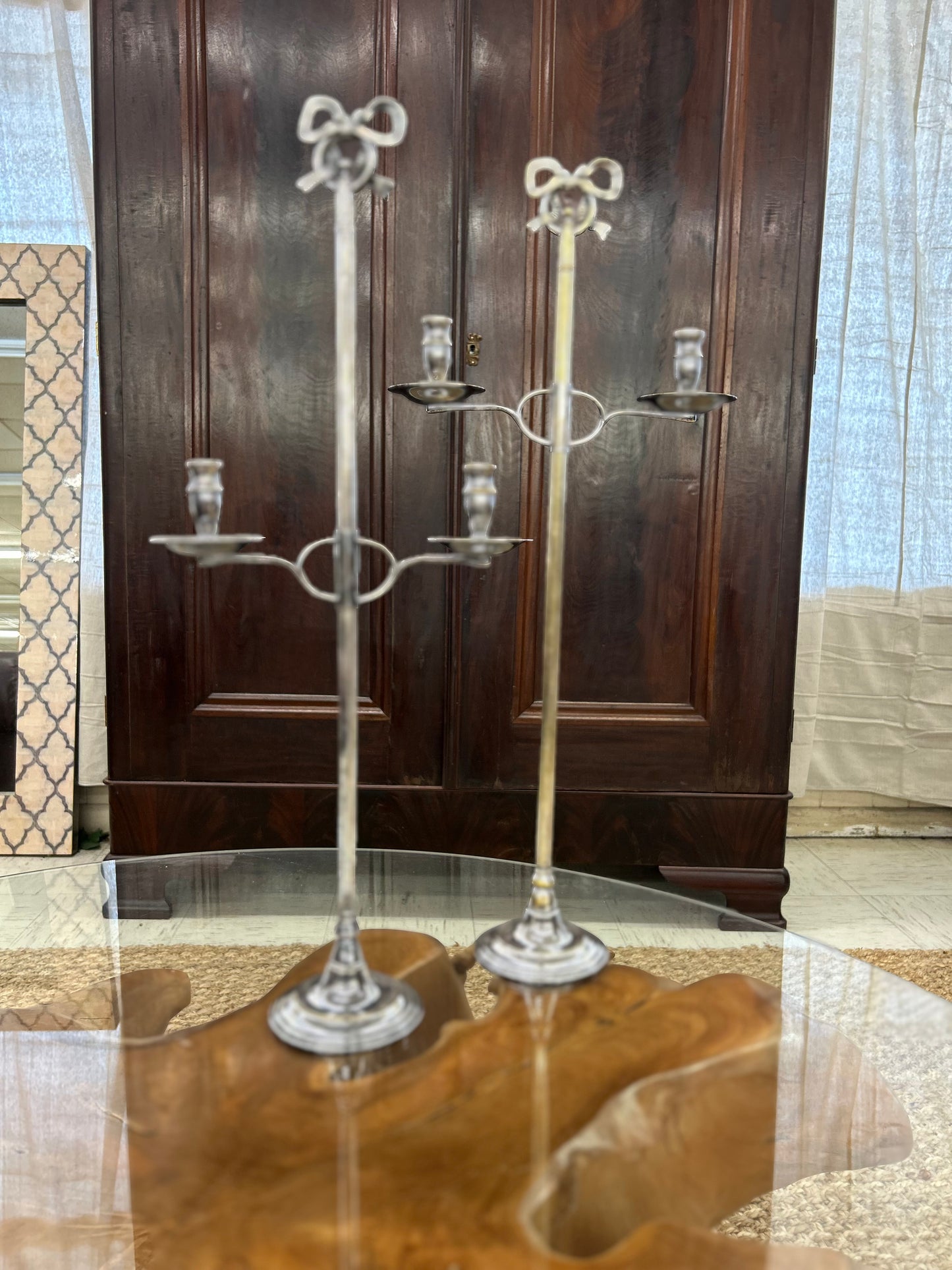 Pair of Vintage Adjustable Silver-Plated Bow Candelabra