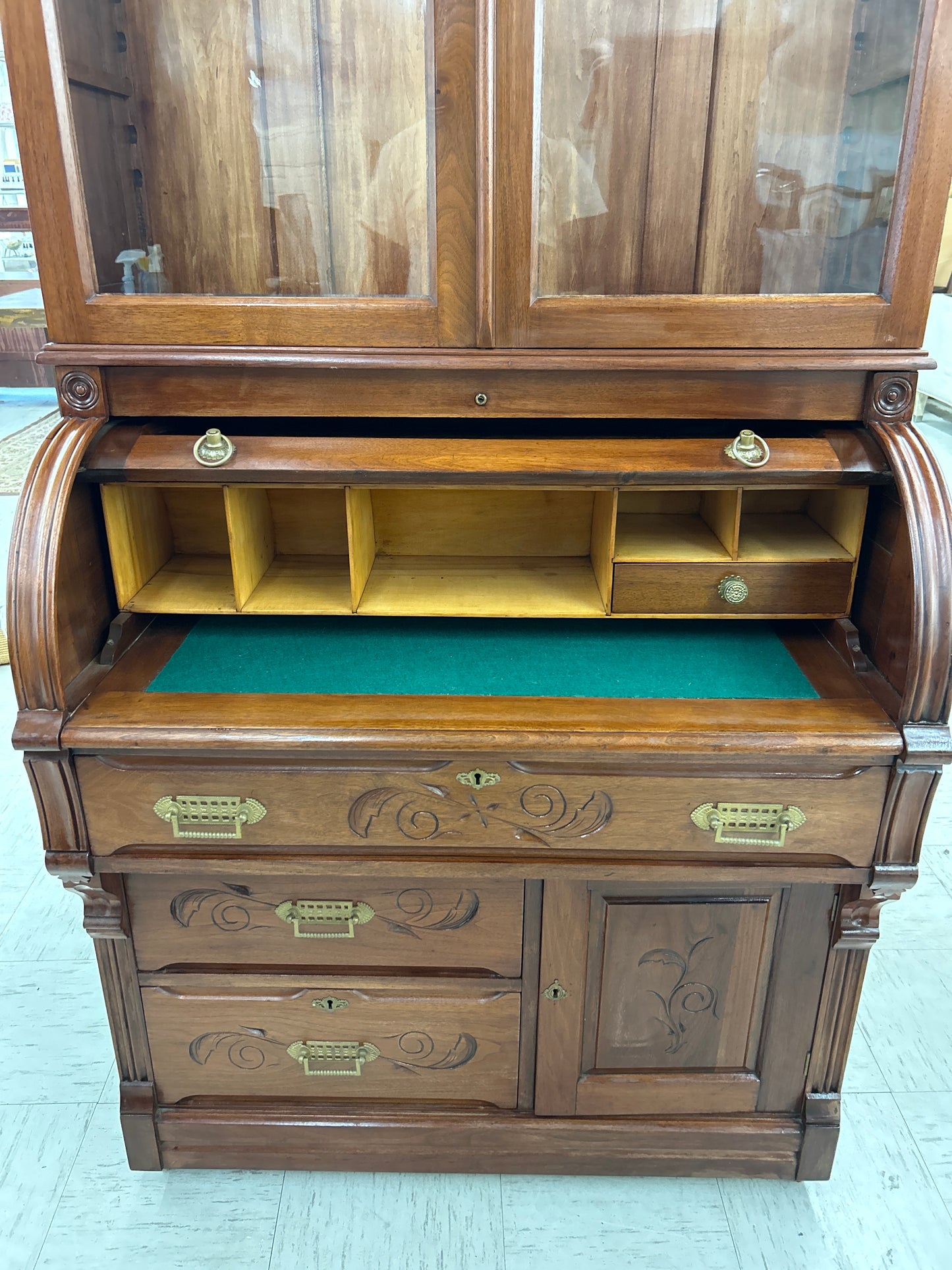 Victorian Walnut & Burl Cylinder Secretary Desk