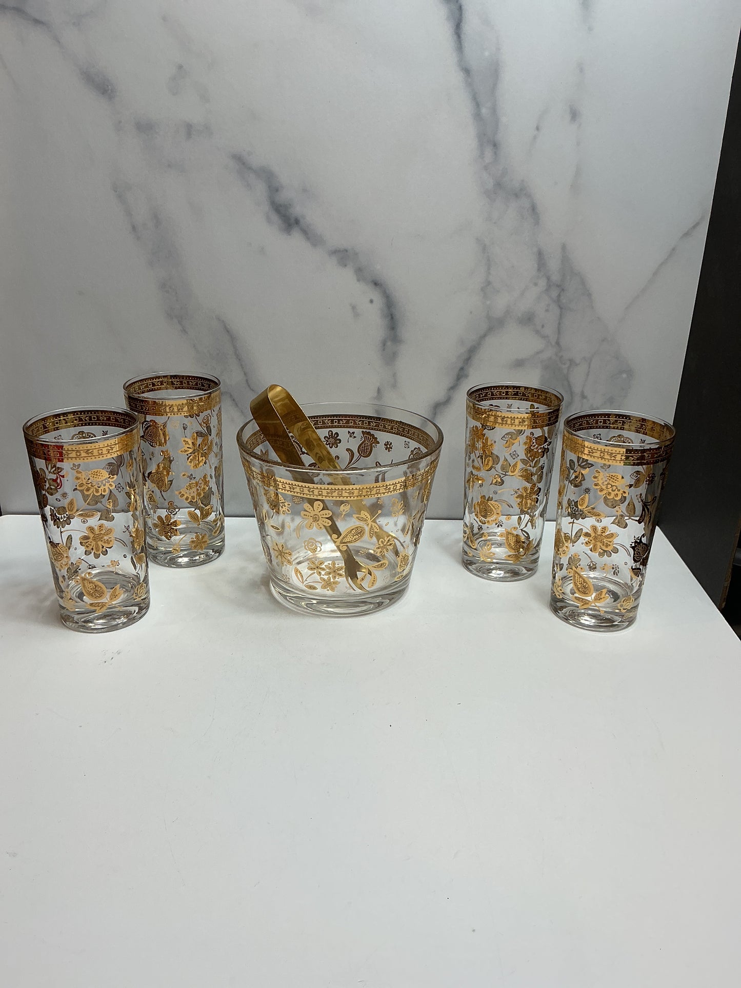 Vintage 5-piece cocktail set including a glass ice bucket