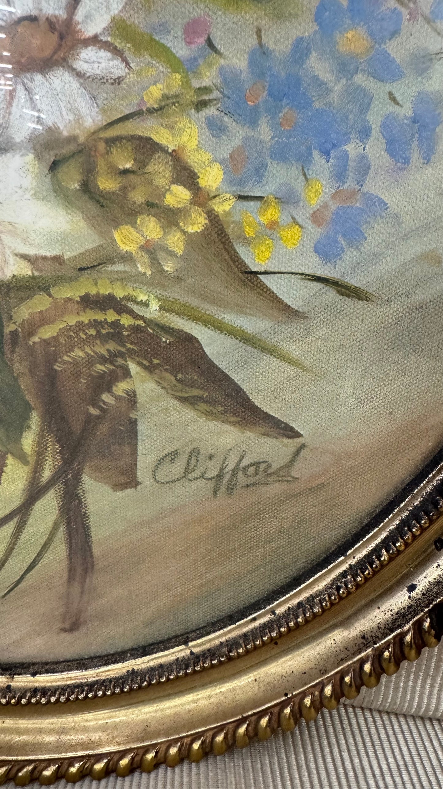 Signed Clifford Floral Still Life in Oval Gilt Frame