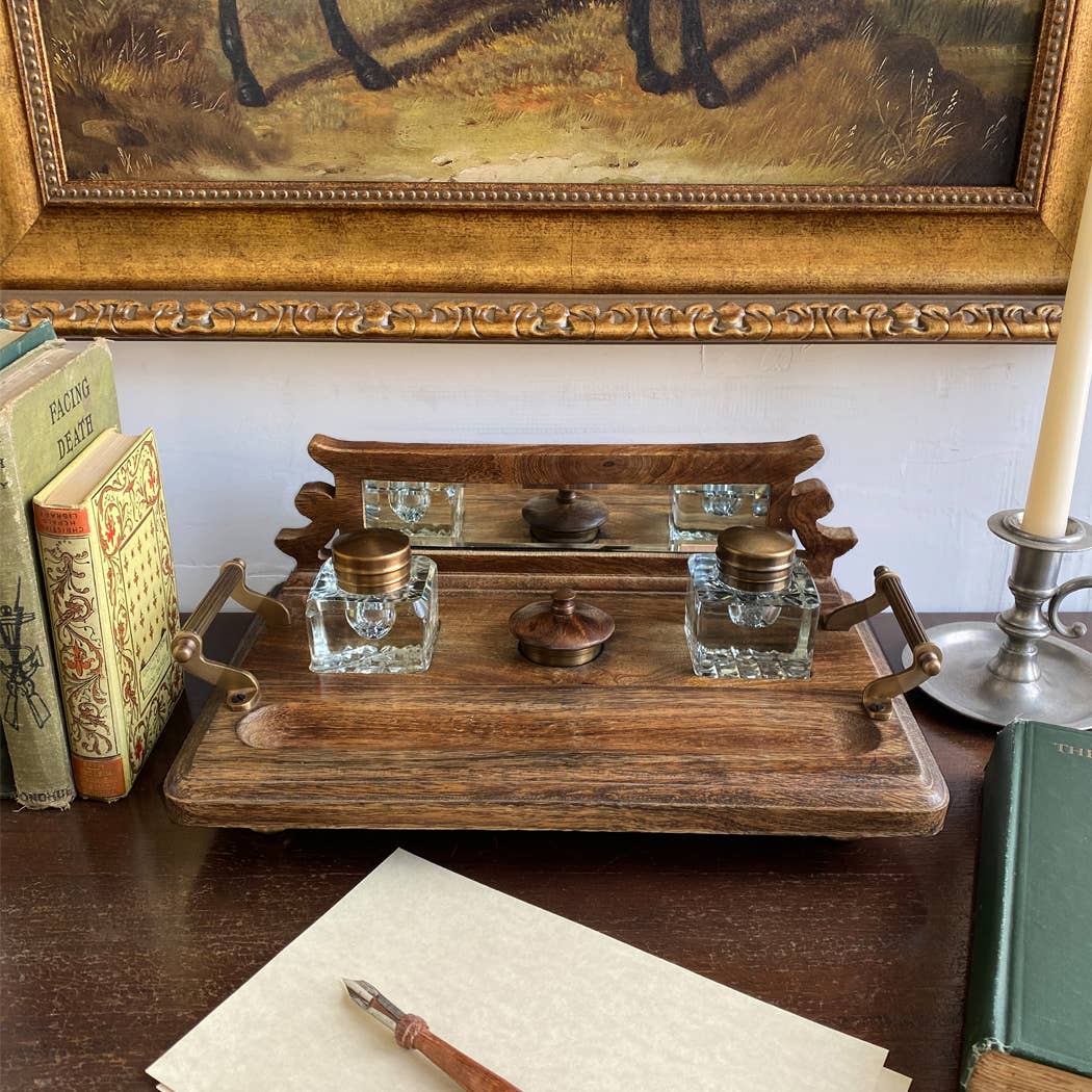 Wood And Brass Desk Stand With Glass Inkwell