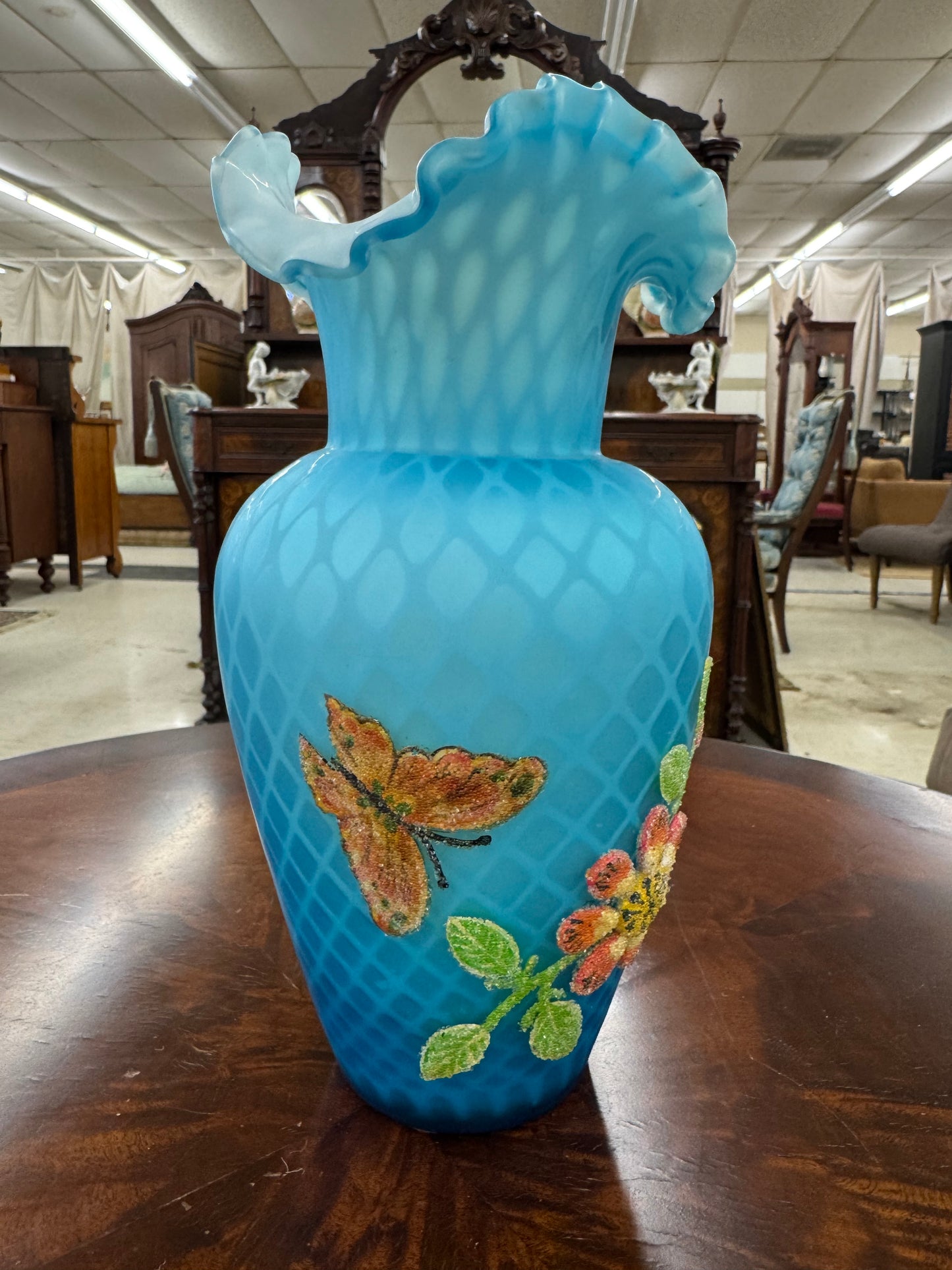 Victorian Blue Satin Glass Beaded Enamel Vase