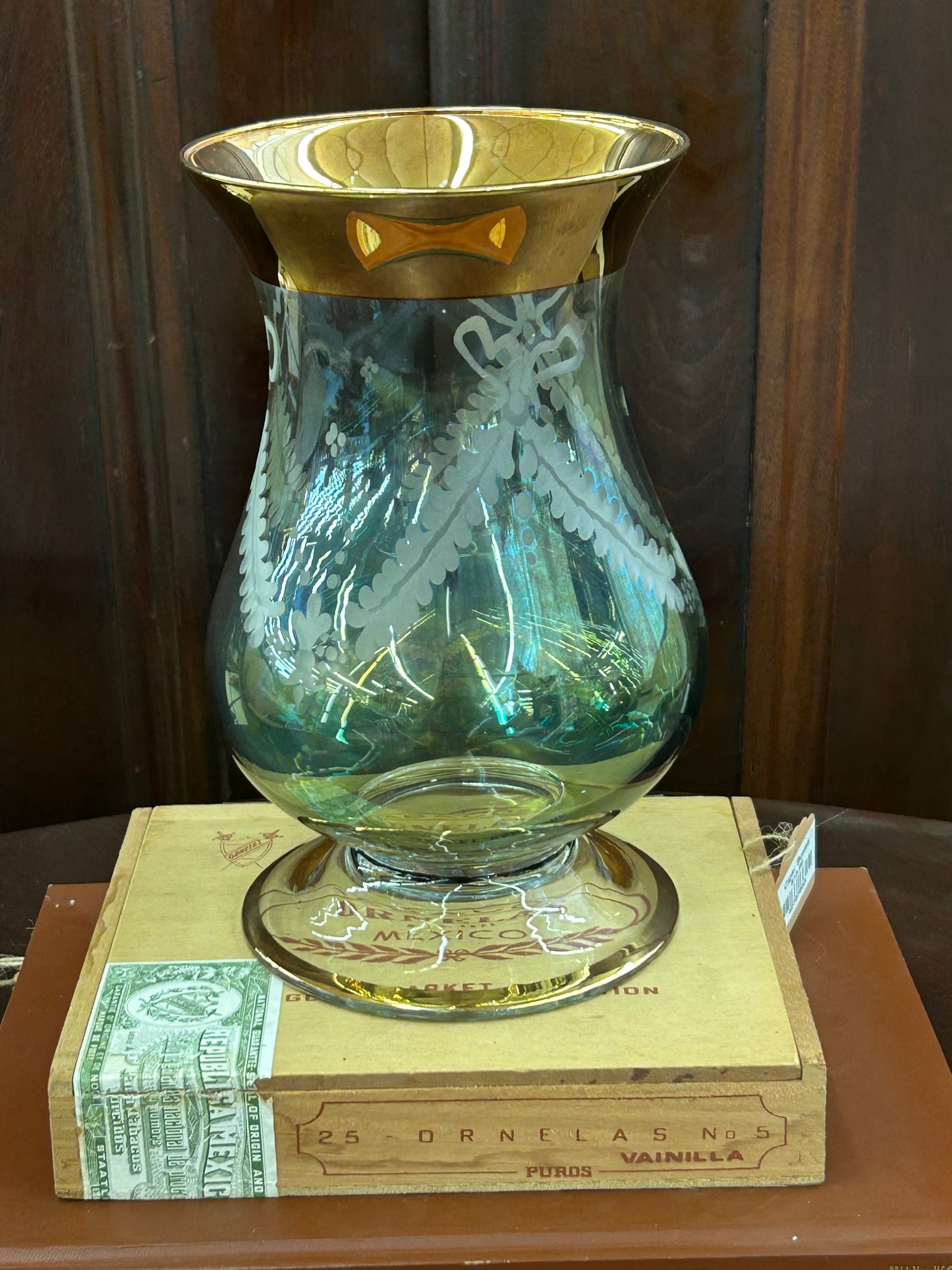 Vintage Iridescent Etched Glass Vase