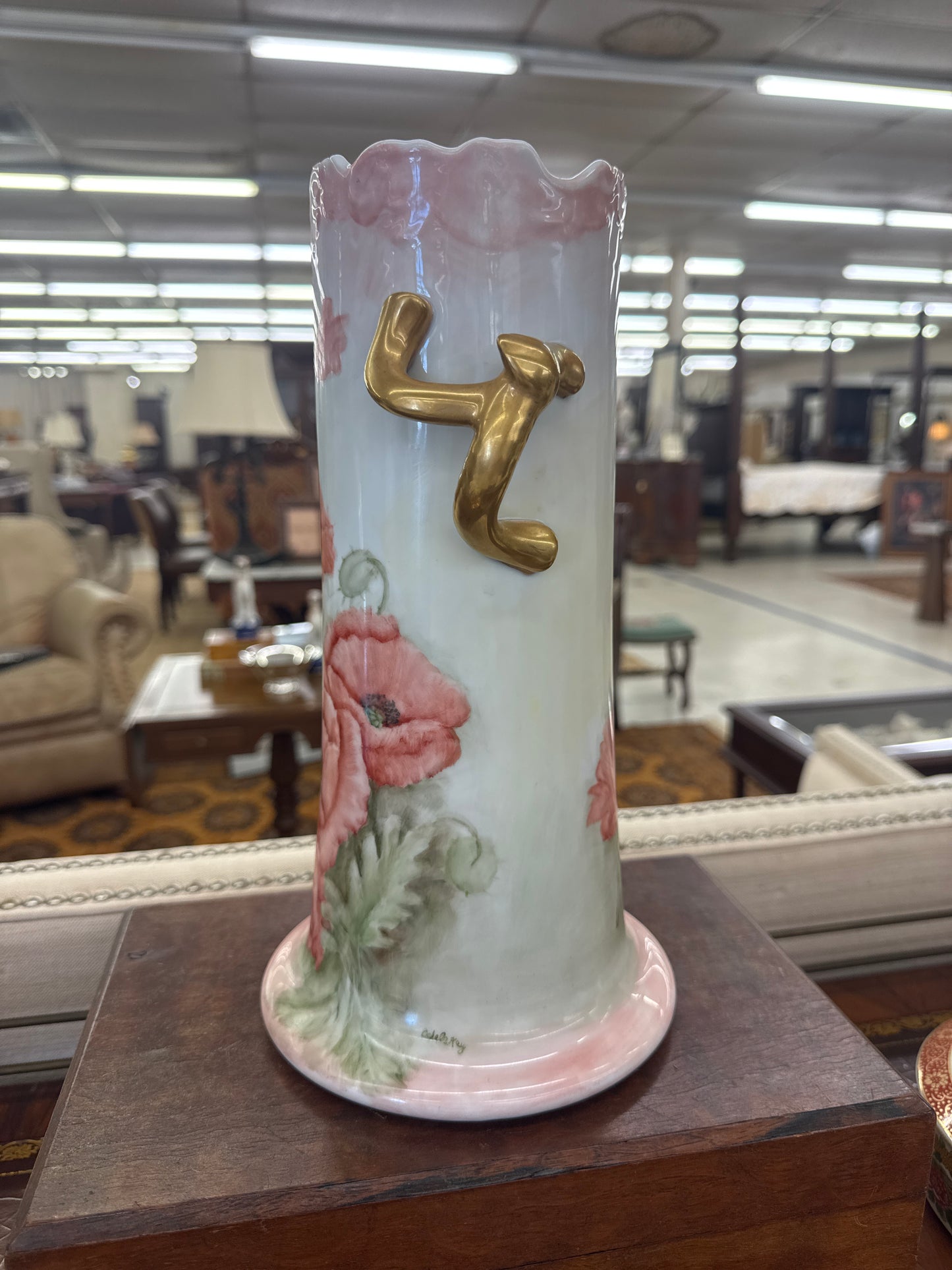 Antique-Style Hand-Painted Porcelain Poppy Vase with Gilt Handles