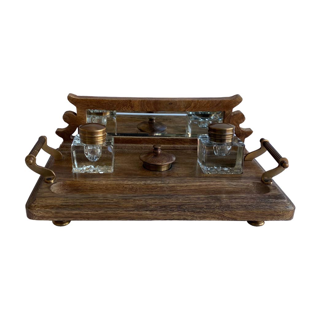Wood And Brass Desk Stand With Glass Inkwell