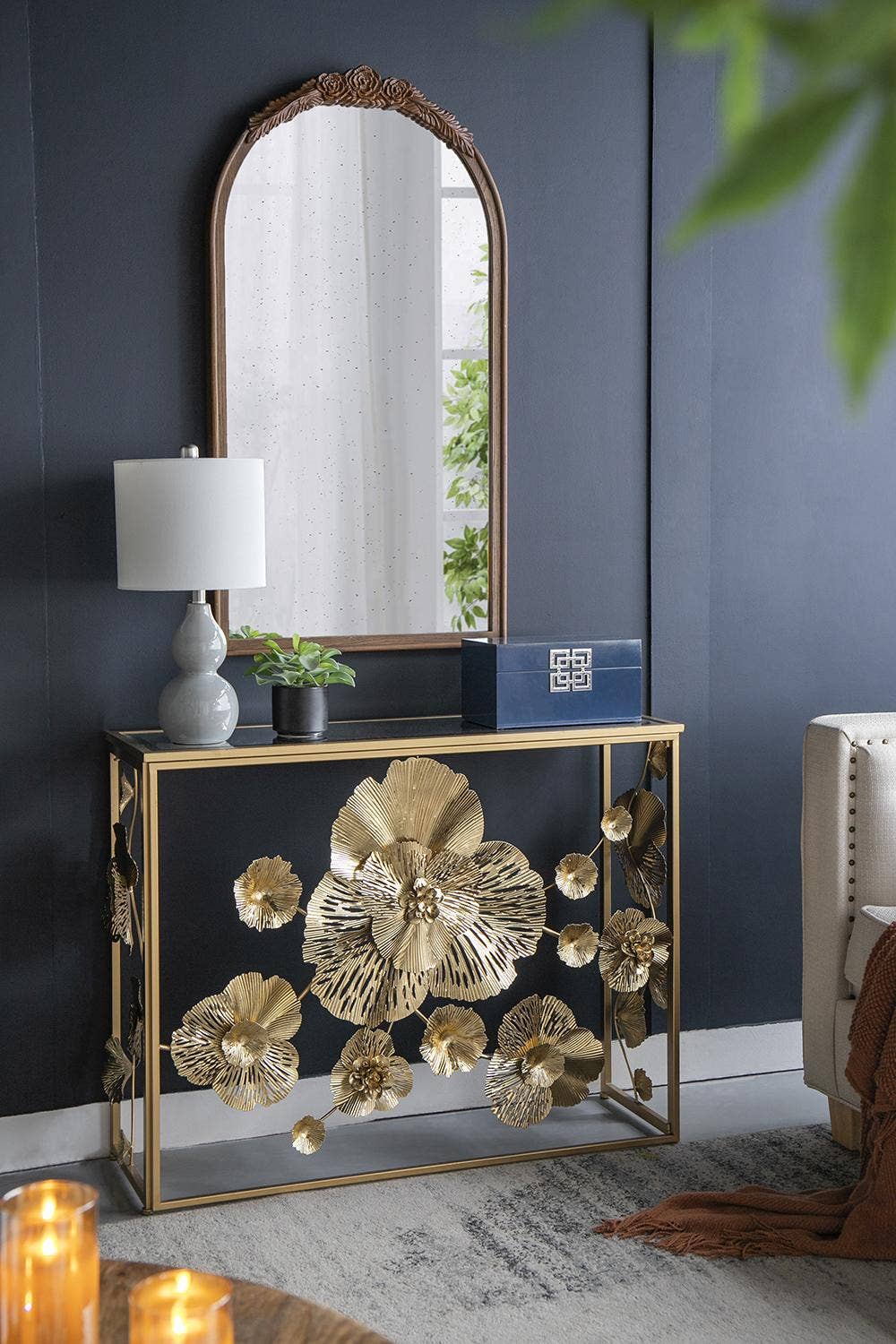 39.5x12x30.5" Gold Console Table with Mirrored Glass Top