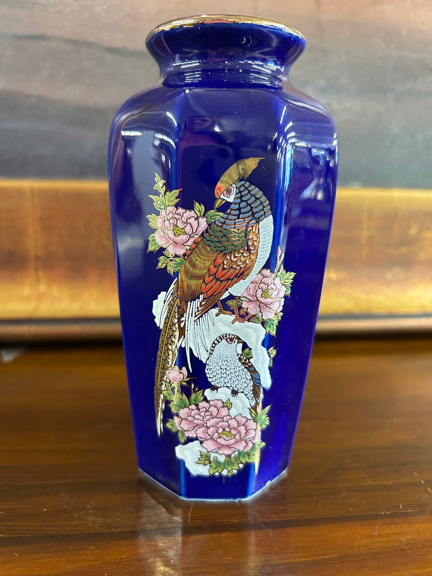 Cobalt Blue Pheasant & Peony Vase – 6.5”