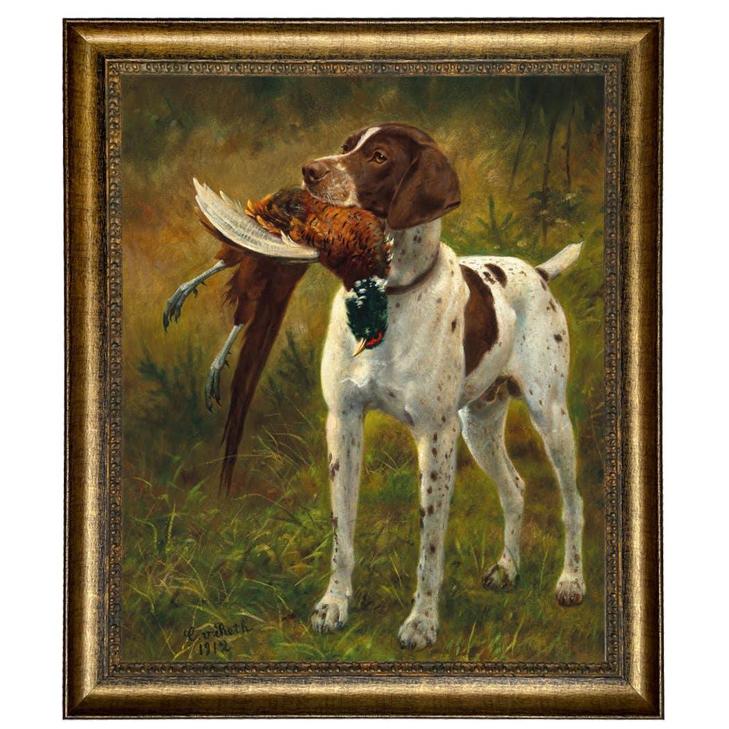 English Pointer with Pheasant Painted Vintage Canvas Print