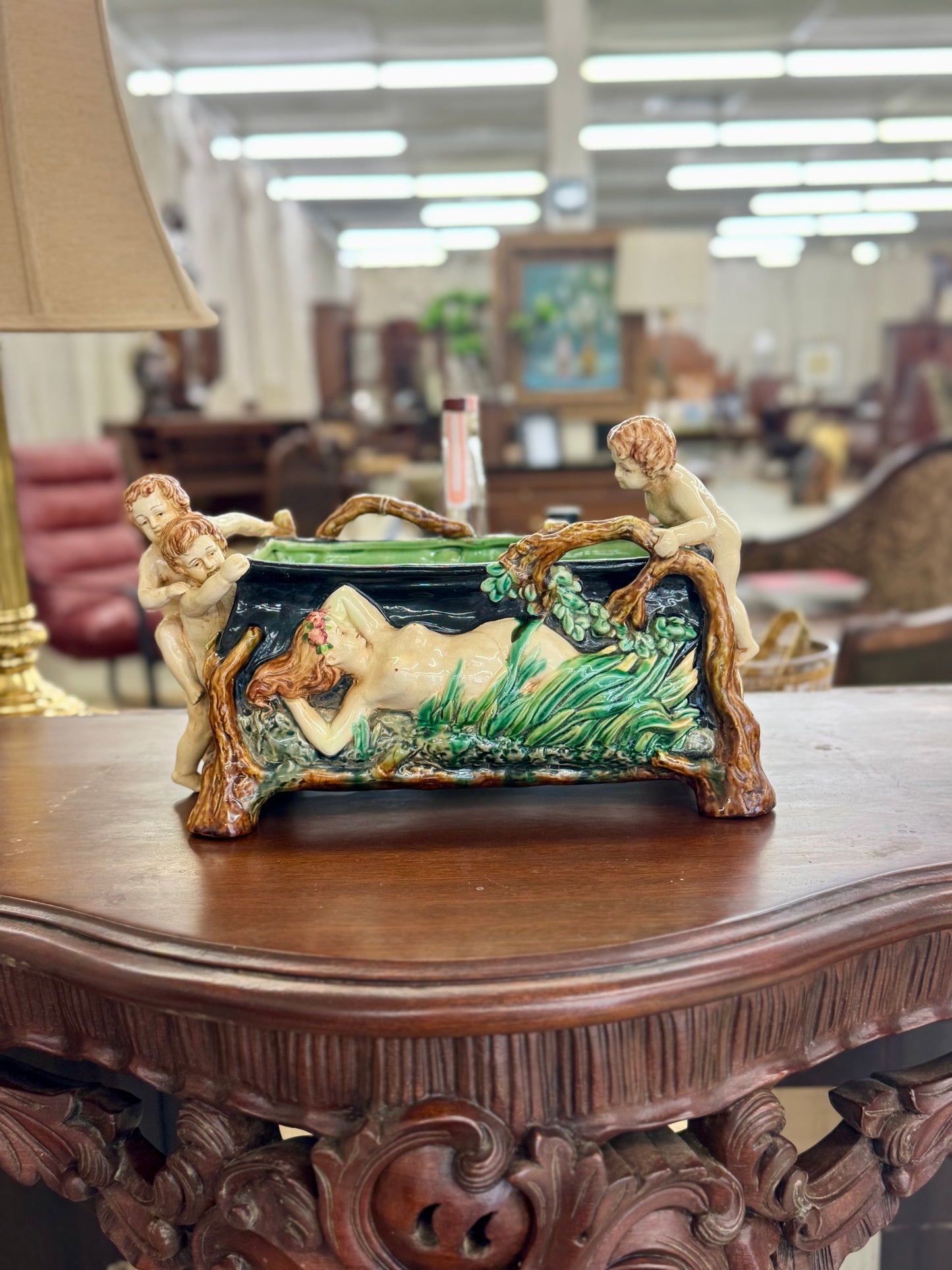 Art Nouveau Figural Majolica Planter / Cachepot