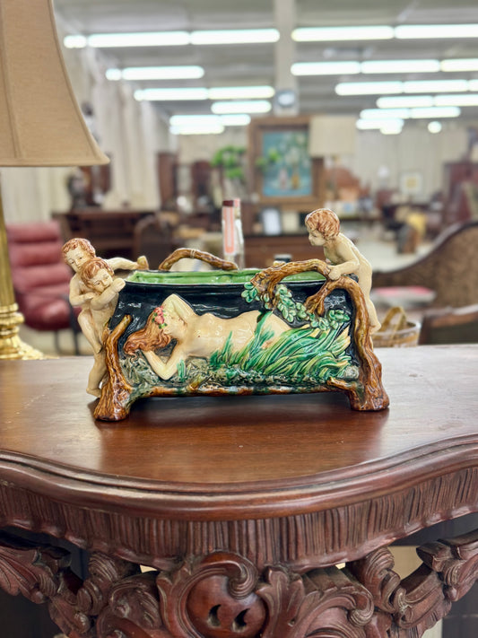 Art Nouveau Figural Majolica Planter / Cachepot
