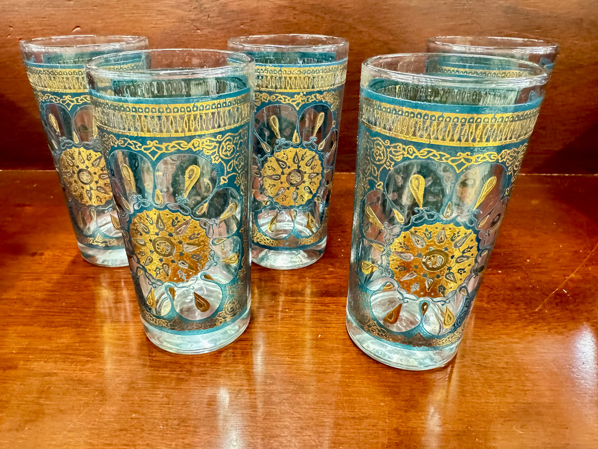 Vintage Teal & Gold Highball Glasses Set of 5