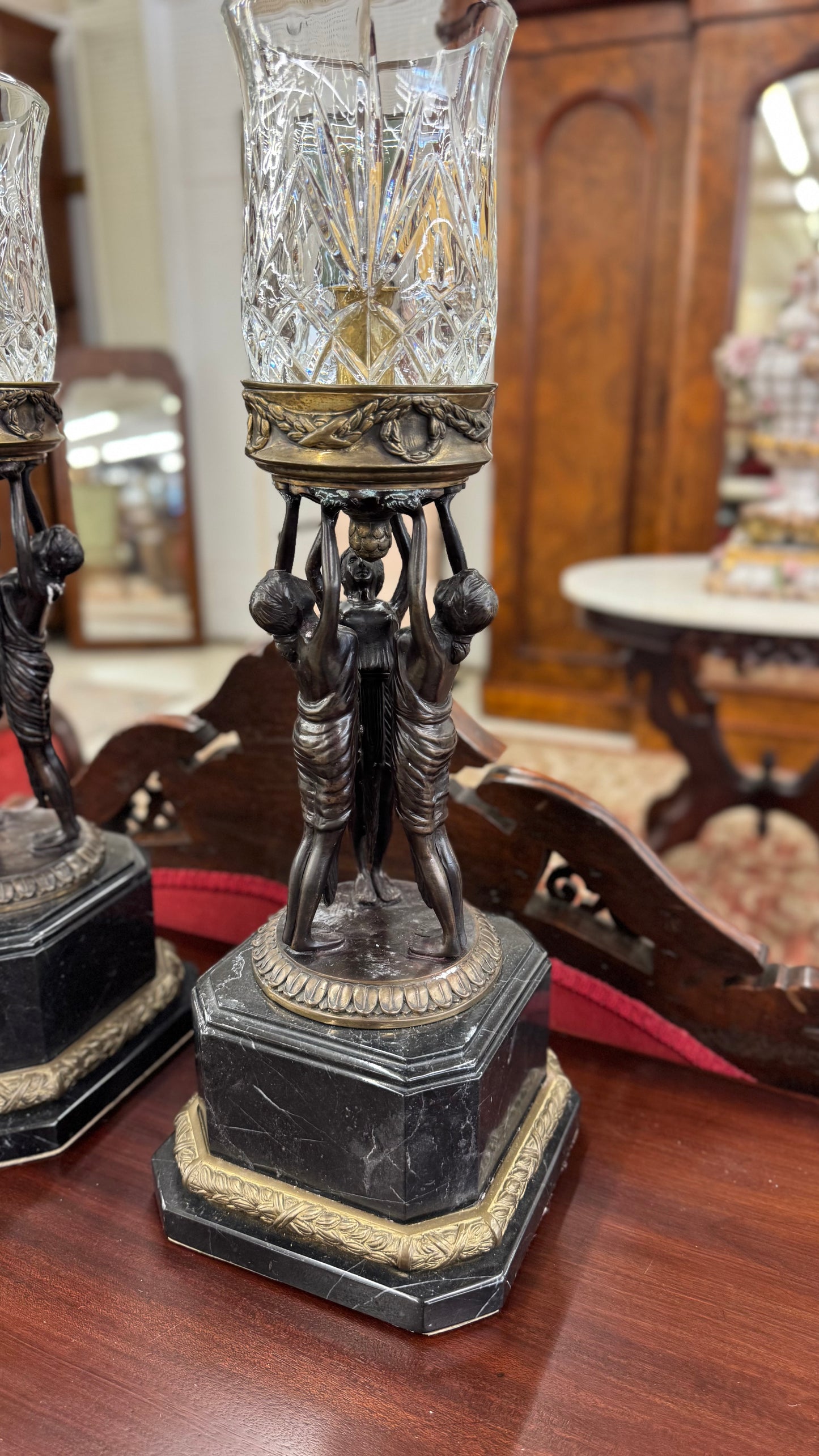 Pair Of Empire Style Figural Candle Hurricane Lamps
