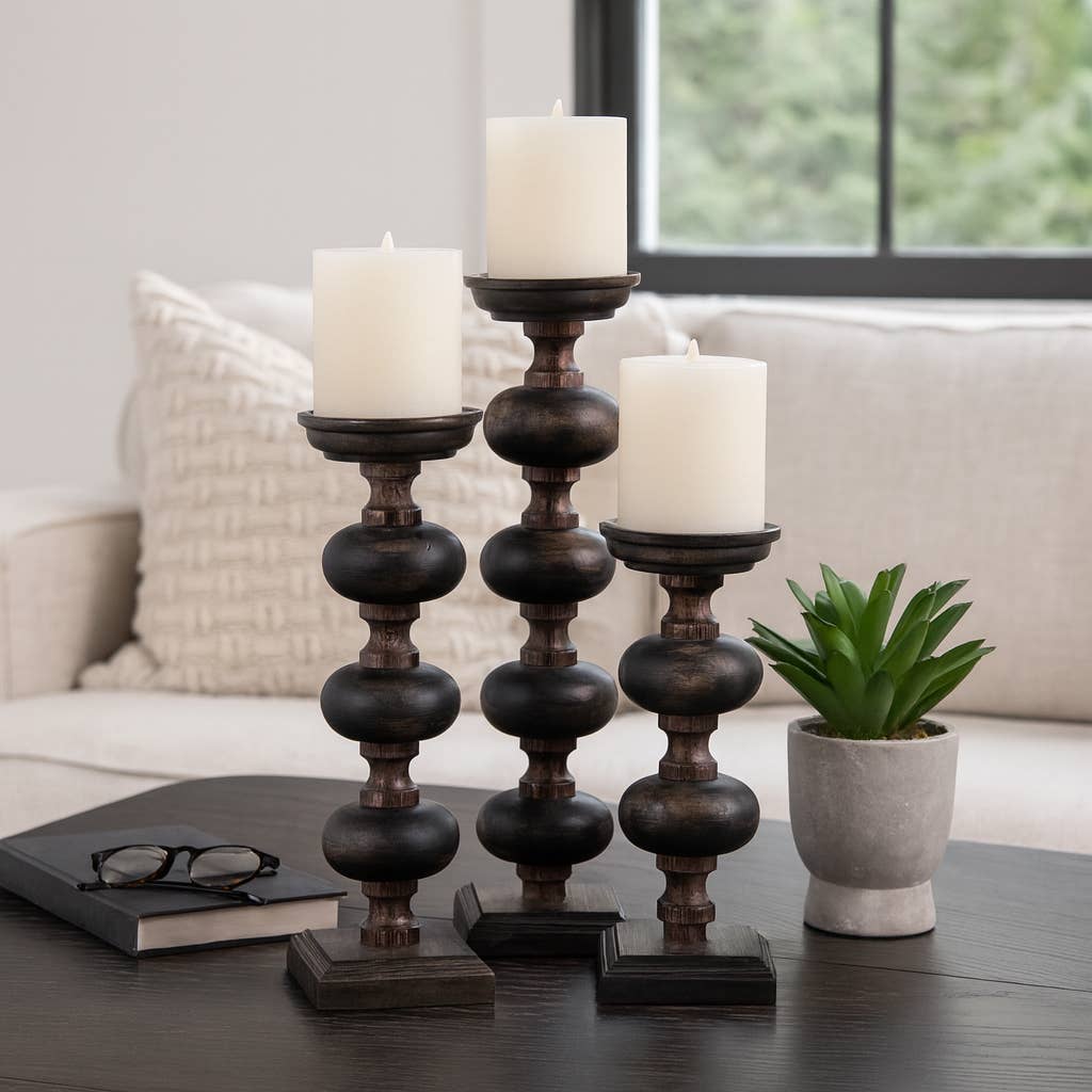 Candle Sticks Set of 3 - Black Wood Sumpter, 14/19/23 in.