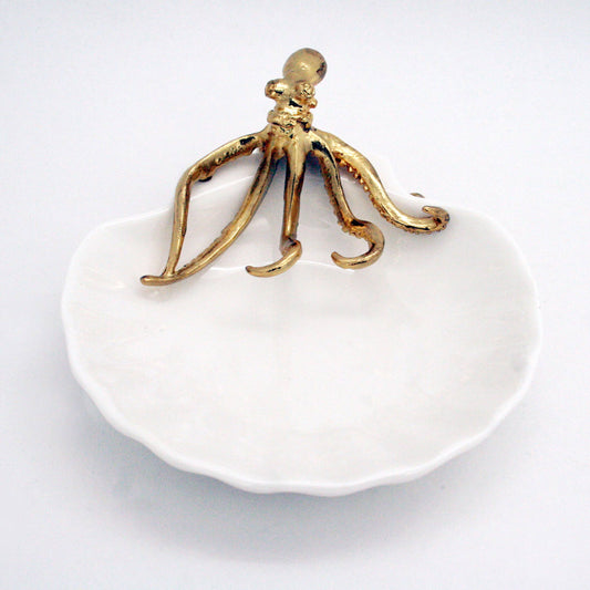 White Ceramic Shell Tray with Gold Pewter Octopus