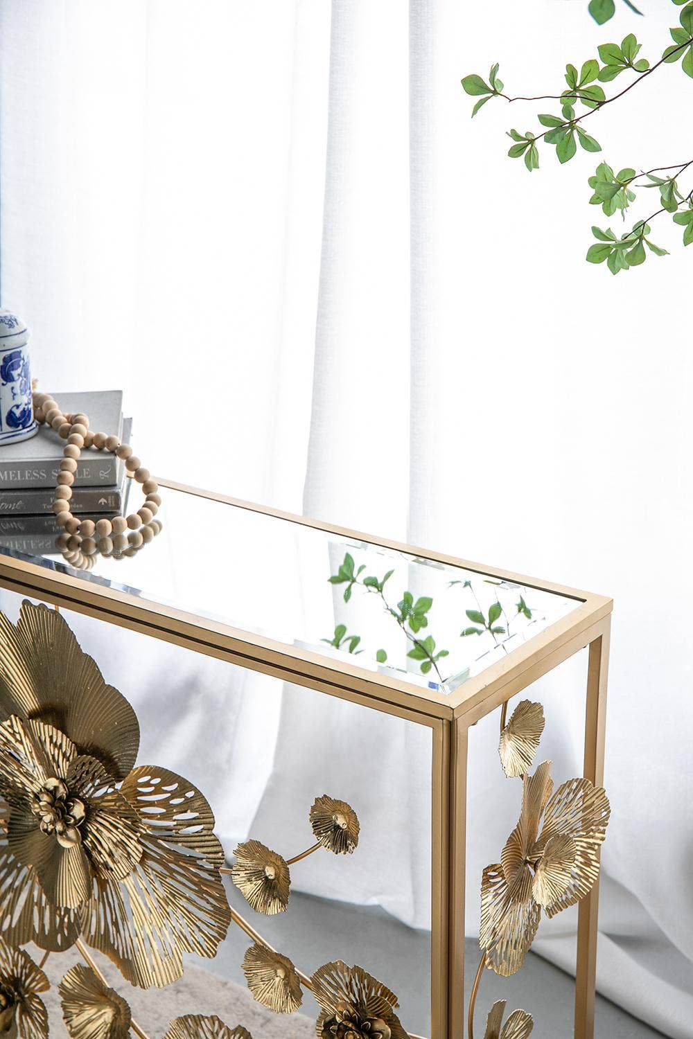39.5x12x30.5" Gold Console Table with Mirrored Glass Top