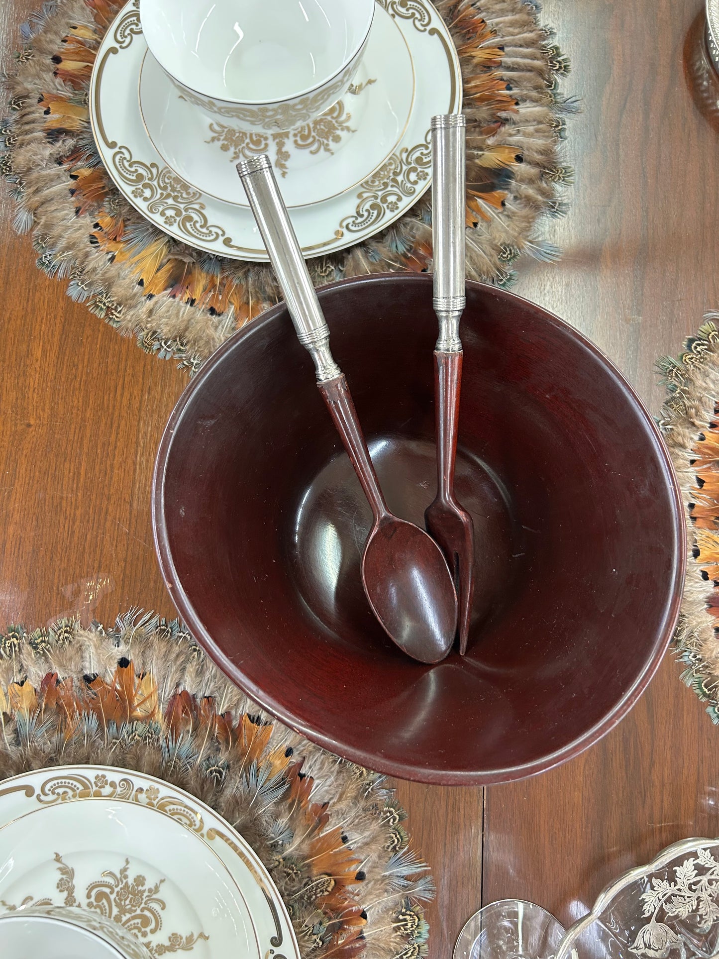 Vintage mahogany salad bowl set