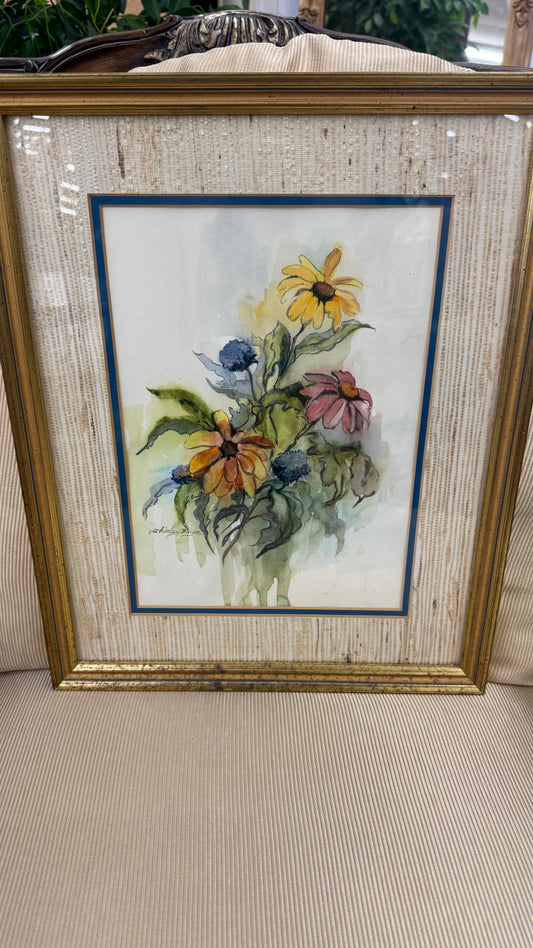 Vintage Floral Watercolor in Textured Linen Frame