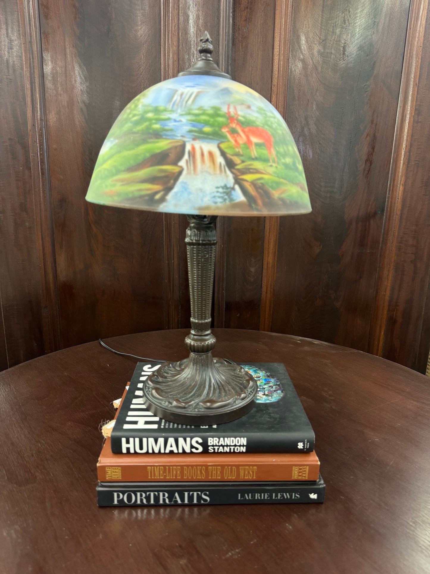 Vintage Scenic Painted Glass Table Lamp