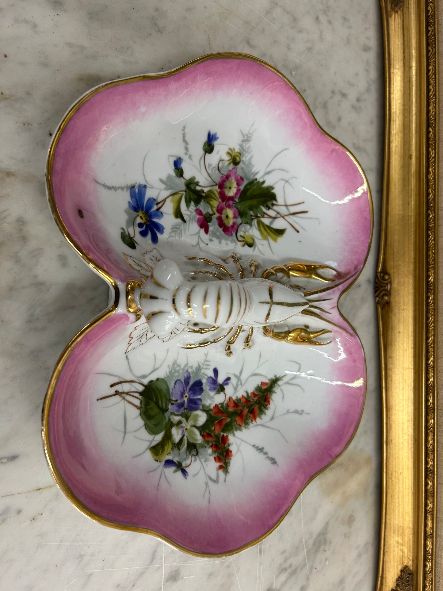 Beautiful antique German porcelain lobster divided serving dish