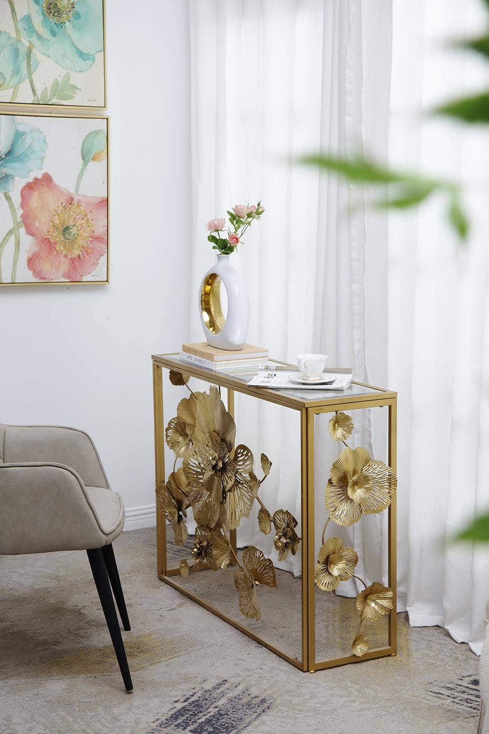 39.5x12x30.5" Gold Console Table with Mirrored Glass Top