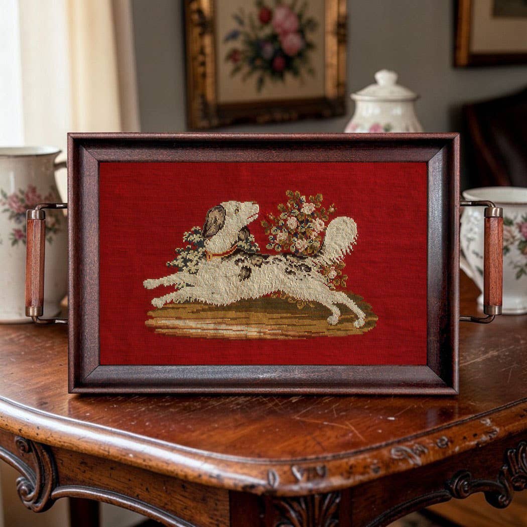 Hunting Spaniel Needlepoint Wood and Glass Decorative Tray