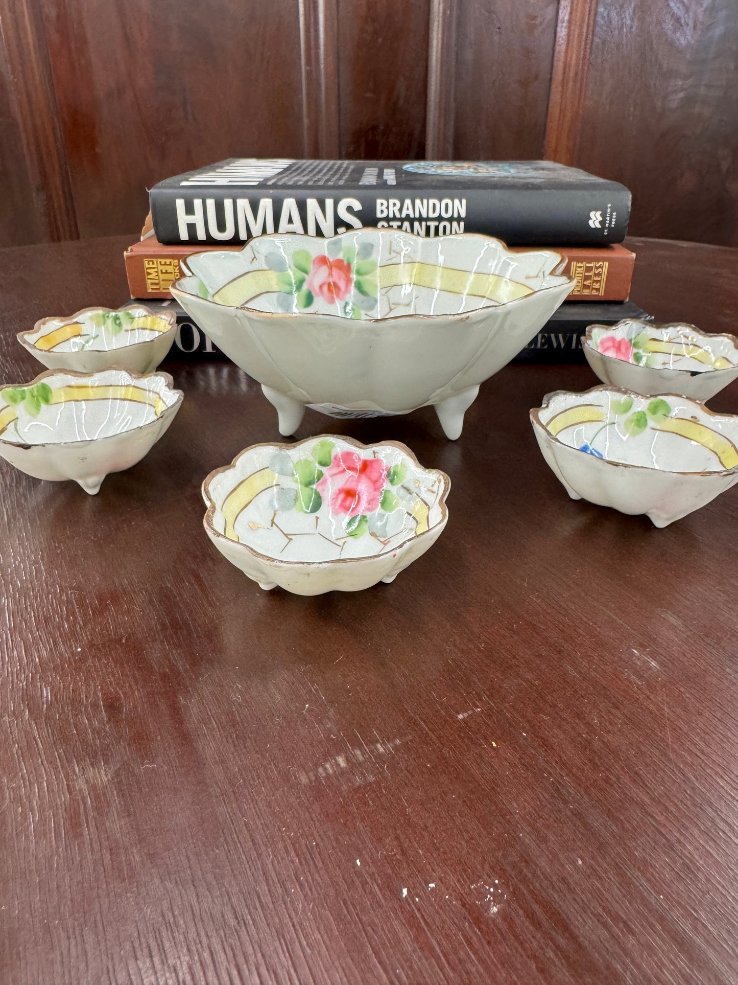 Vintage Hand-Painted Nippon Footed Berry Bowl Set (6 Pieces)