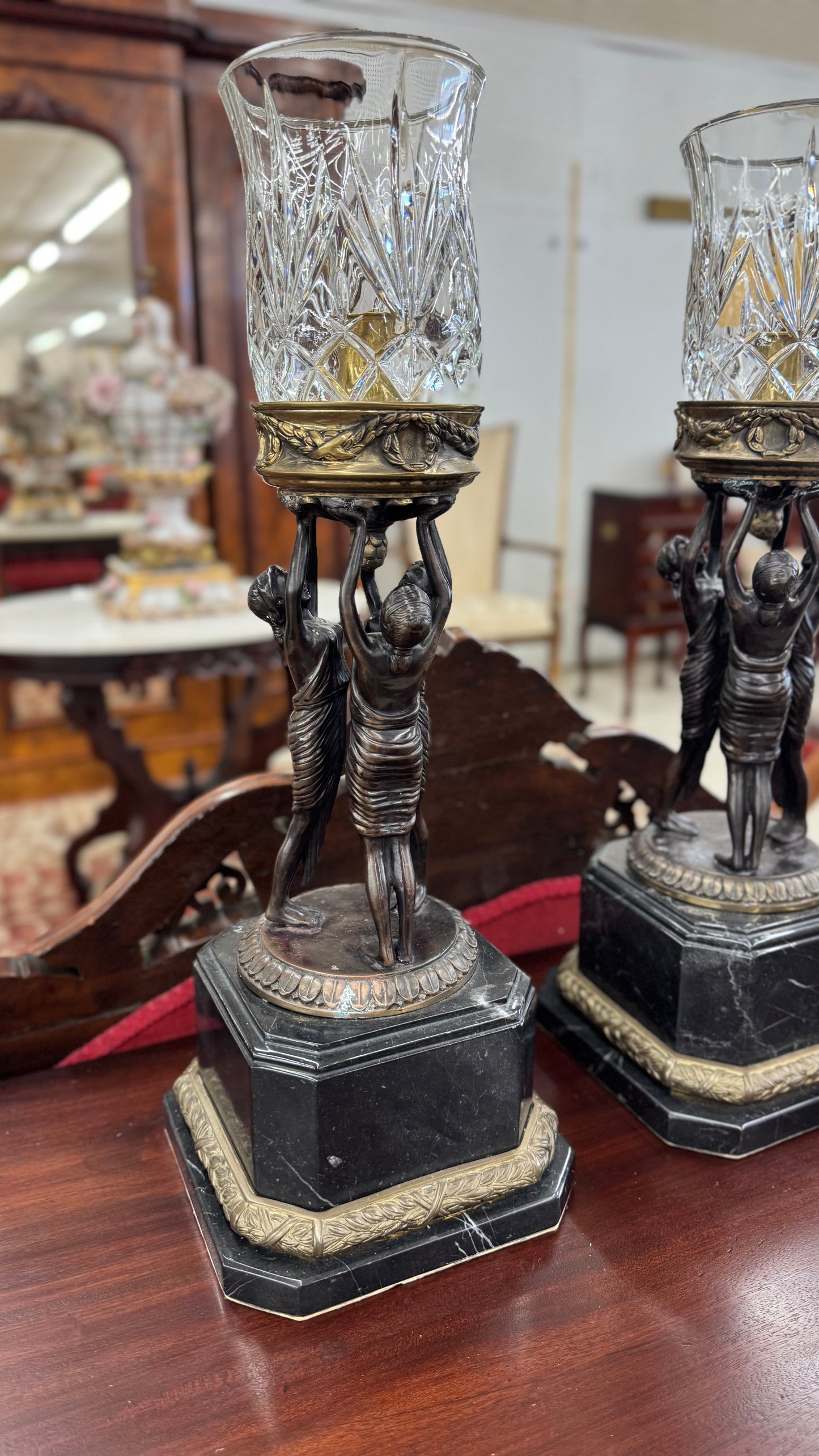 Pair Of Empire Style Figural Candle Hurricane Lamps