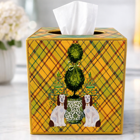 Kleenex Box, 2 staffordshire dogs, green and brown plaid