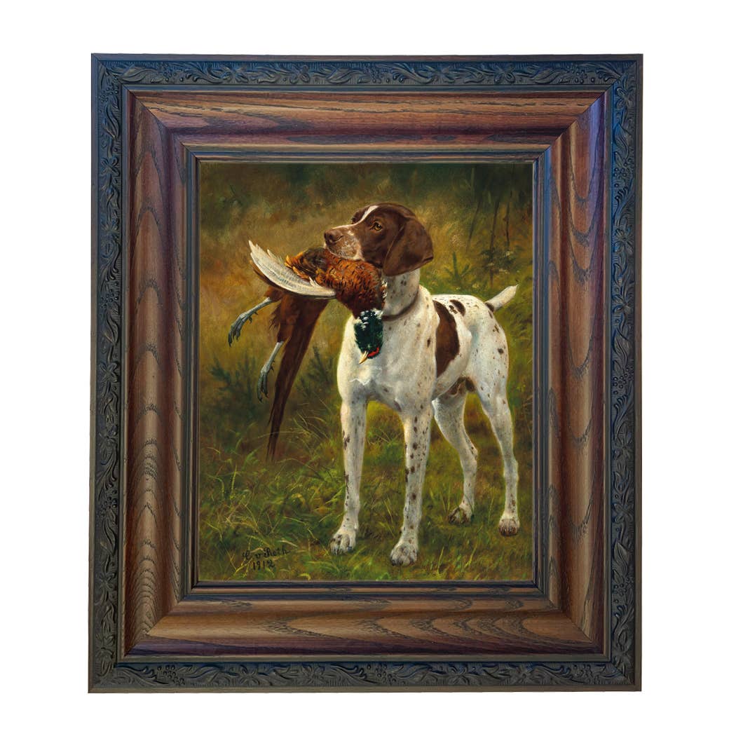 English Pointer with Pheasant Painted Vintage Canvas Print