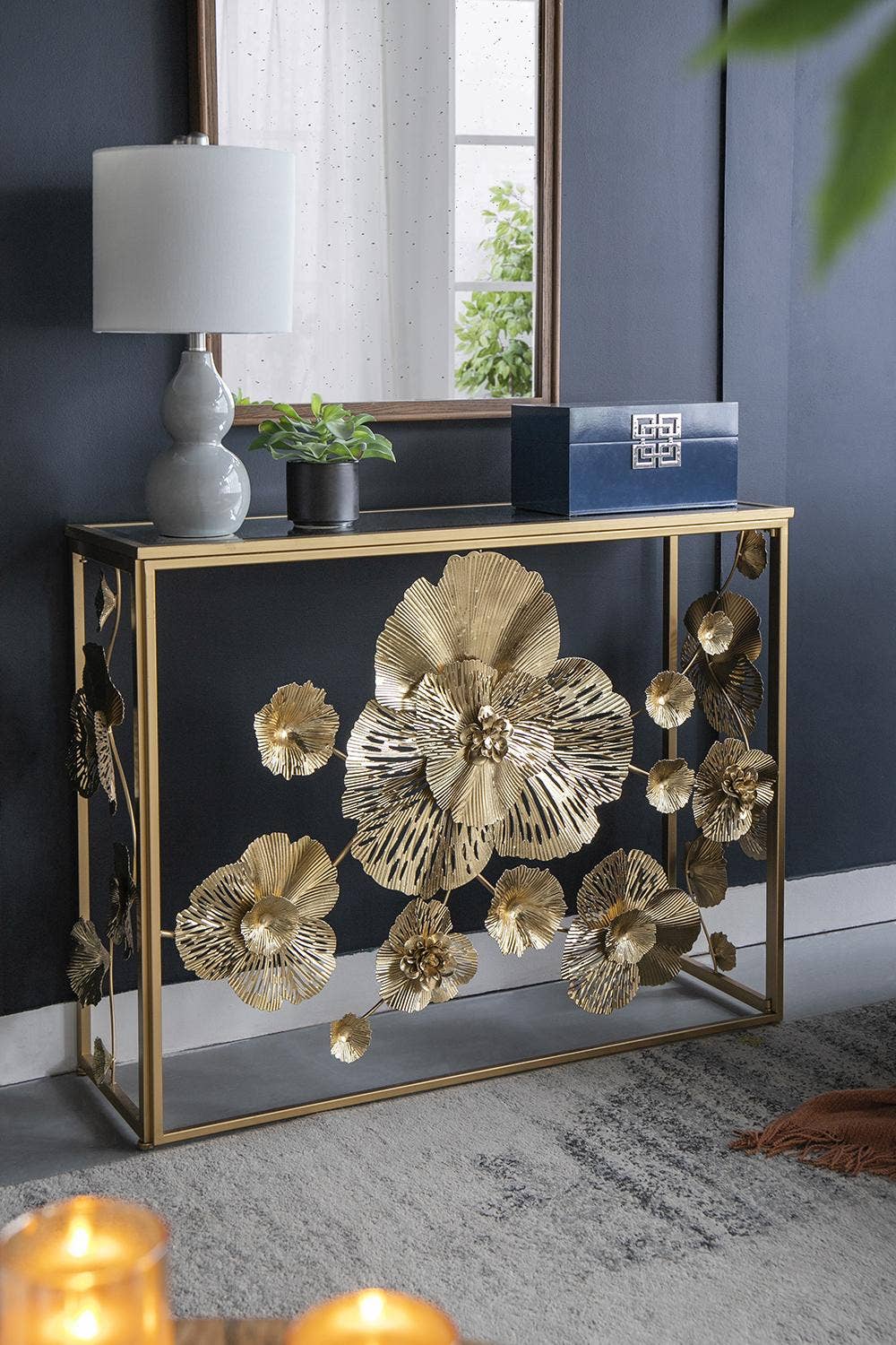 39.5x12x30.5" Gold Console Table with Mirrored Glass Top