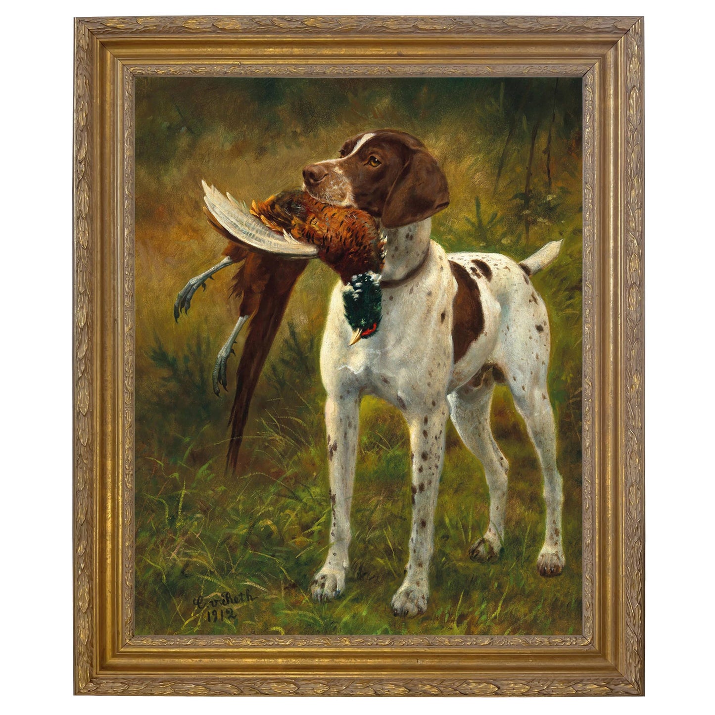 English Pointer with Pheasant Painted Vintage Canvas Print