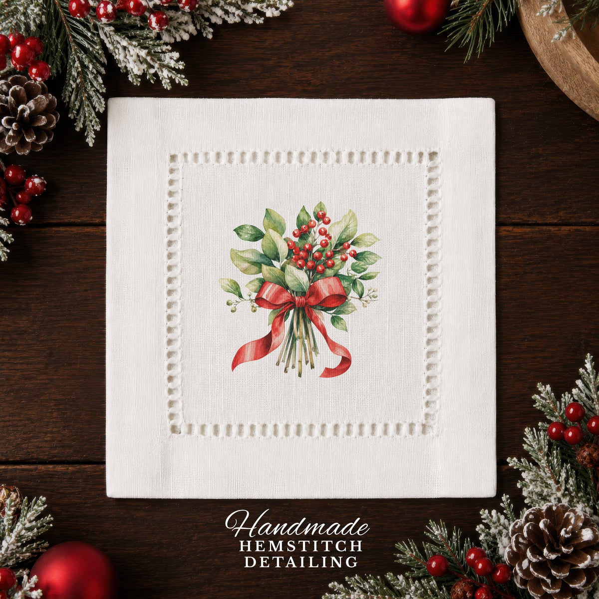 Holiday Hostess Mistletoe Hemstitch Napkins